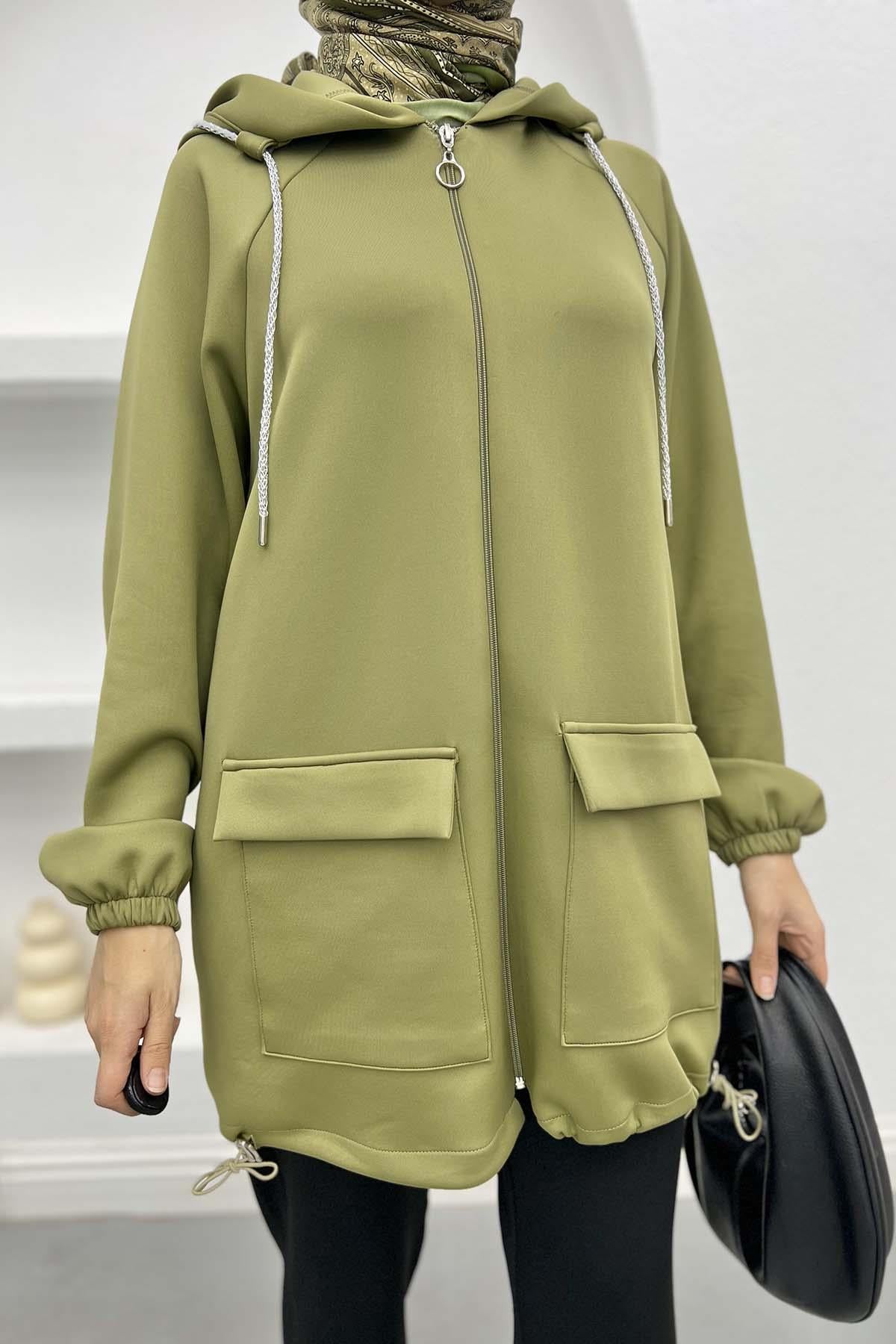 Büzgülü Cepli Scuba Tunik Soft Yeşil