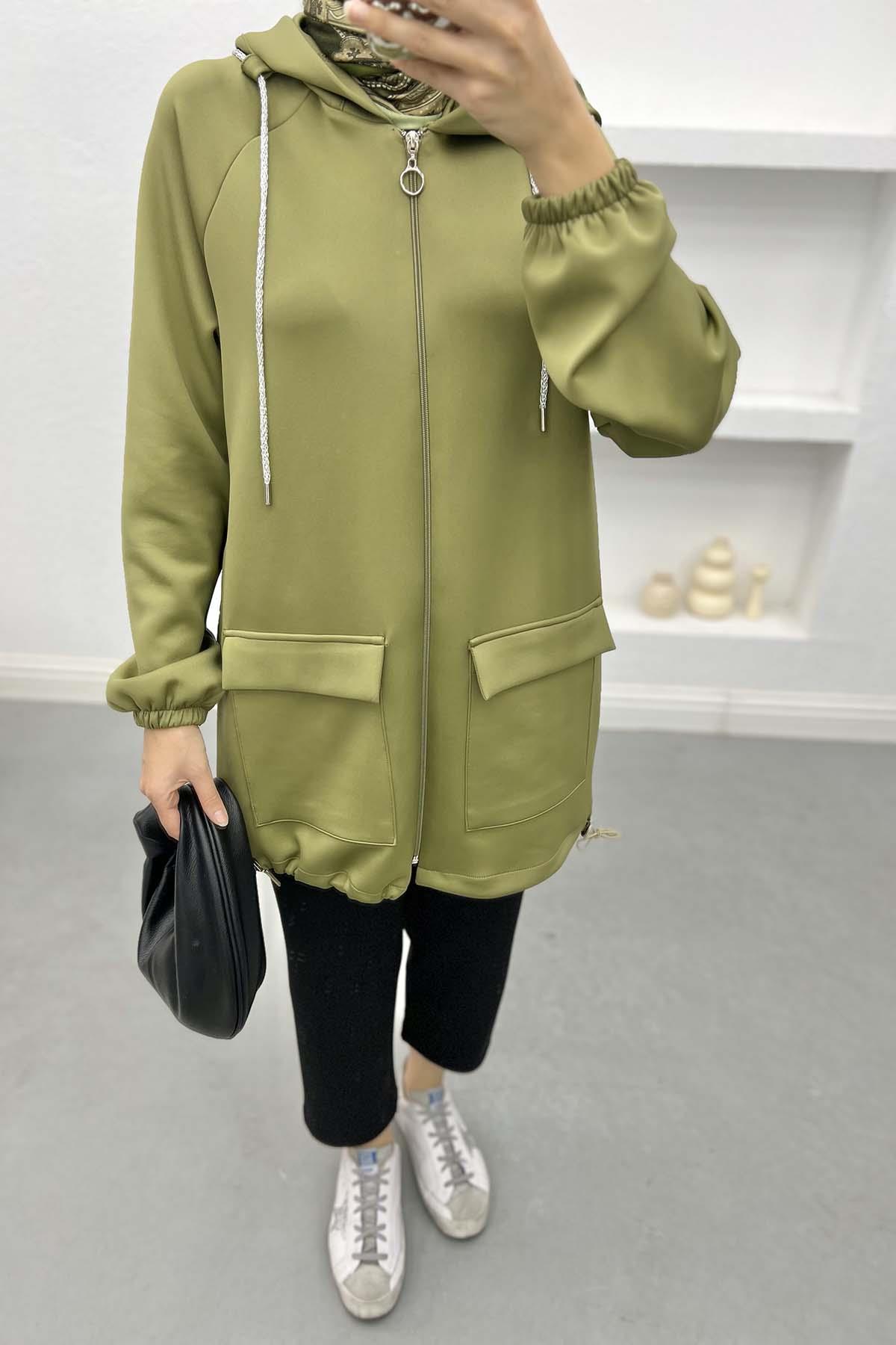 Büzgülü Cepli Scuba Tunik Soft Yeşil