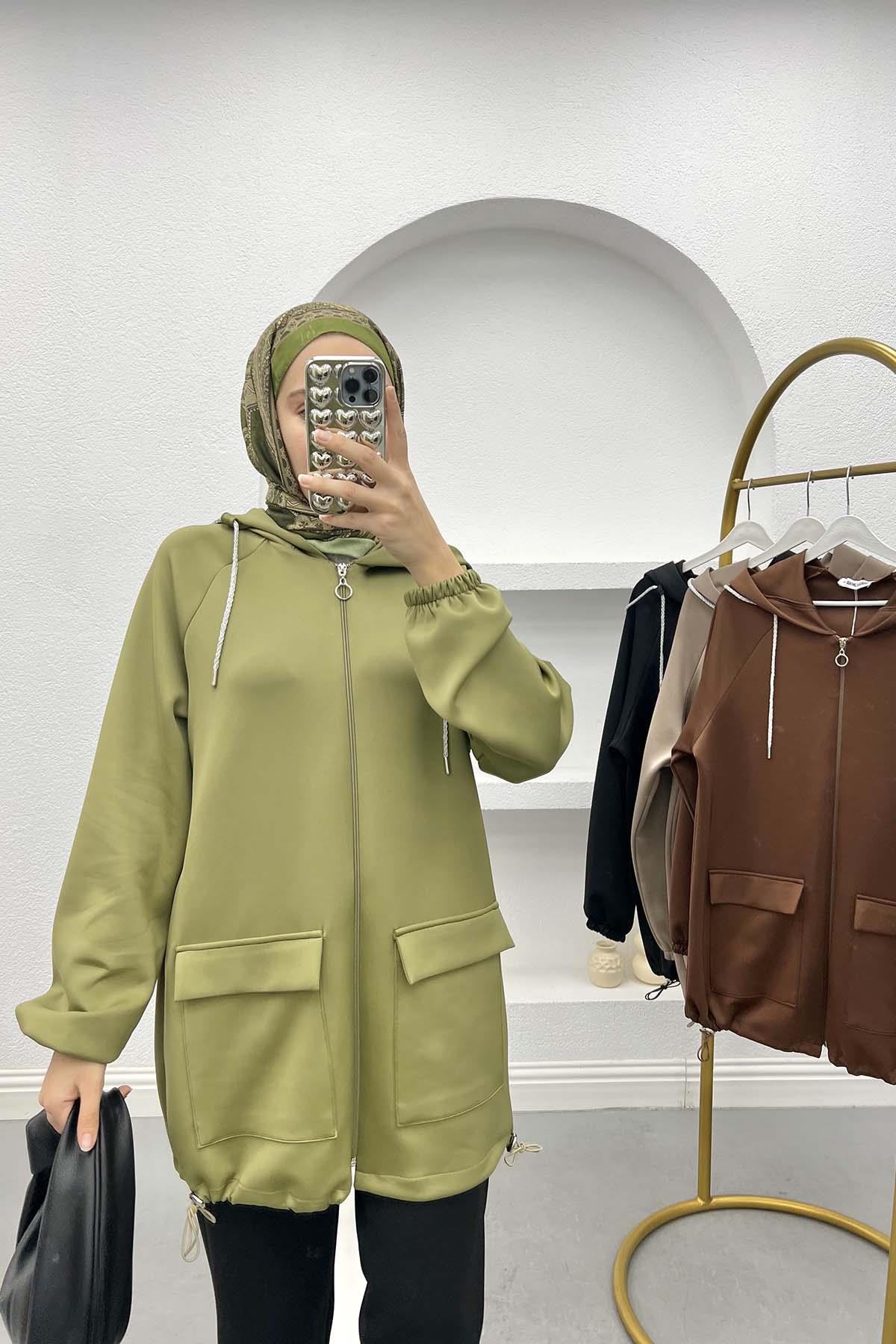 Büzgülü Cepli Scuba Tunik Soft Yeşil