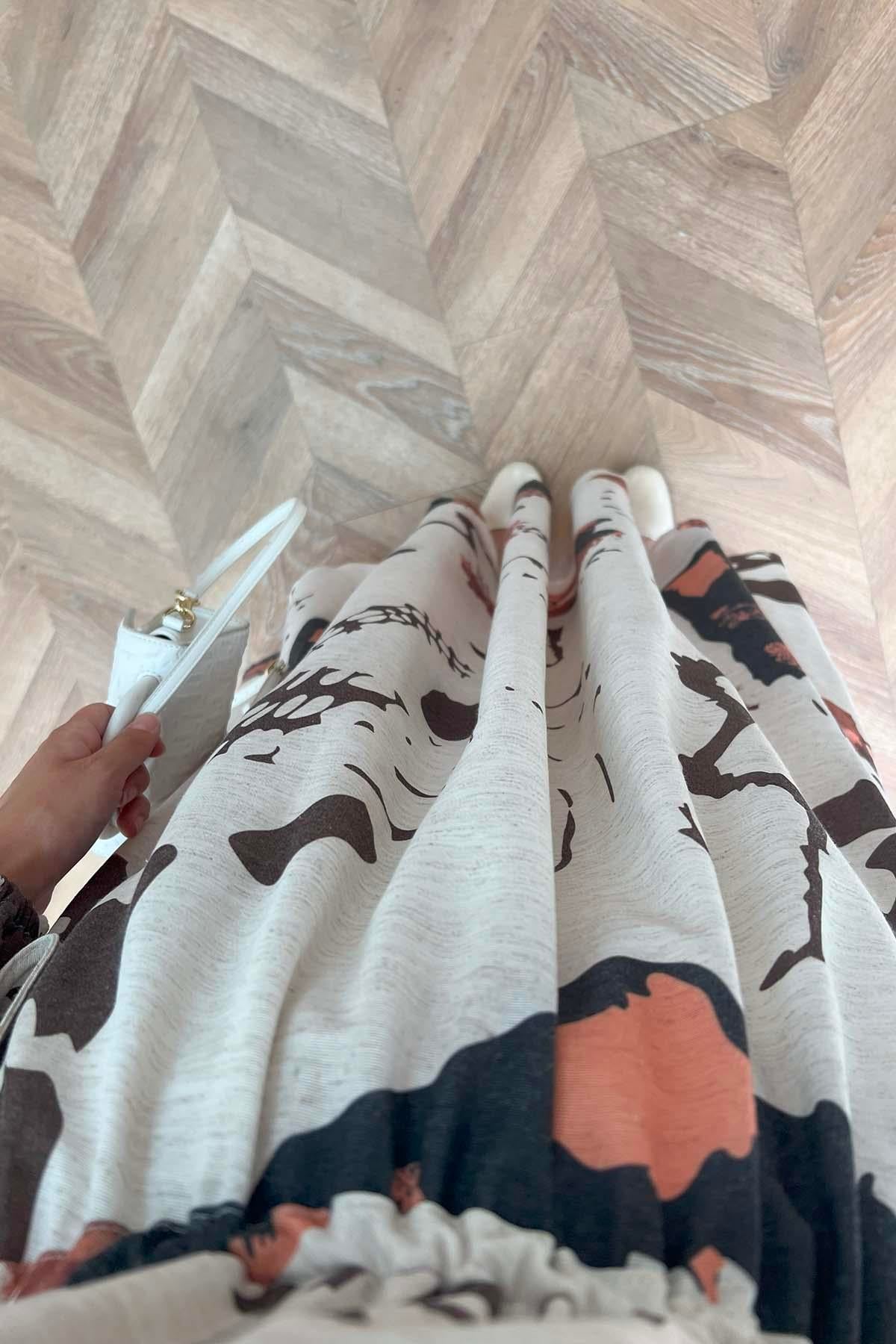 Büzgülü Desenli Keten Elbise Kahve