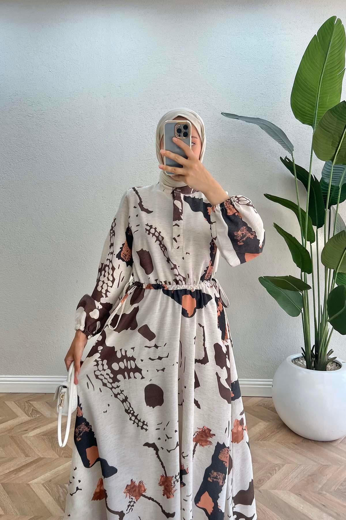 Büzgülü Desenli Keten Elbise Kahve