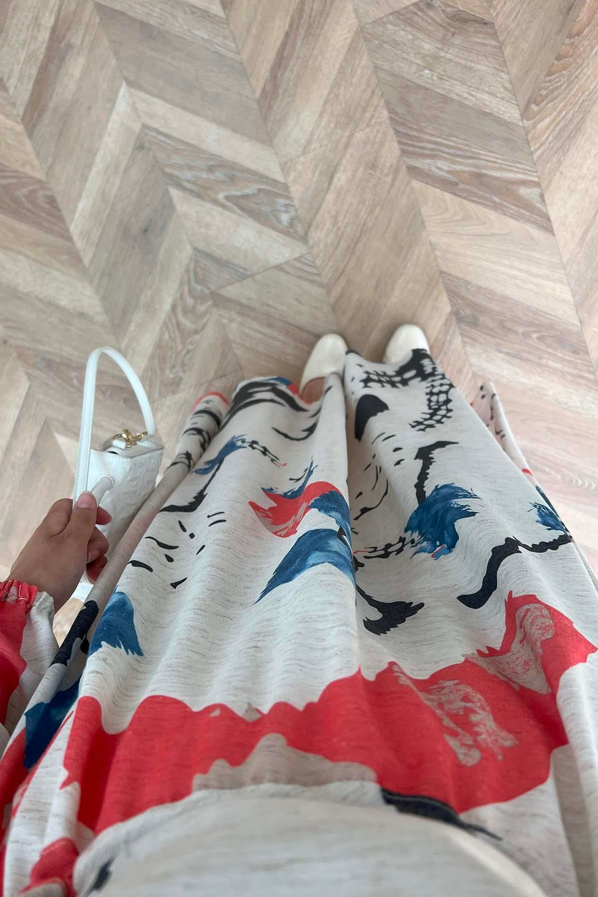 Büzgülü Desenli Keten Elbise Kırmızı