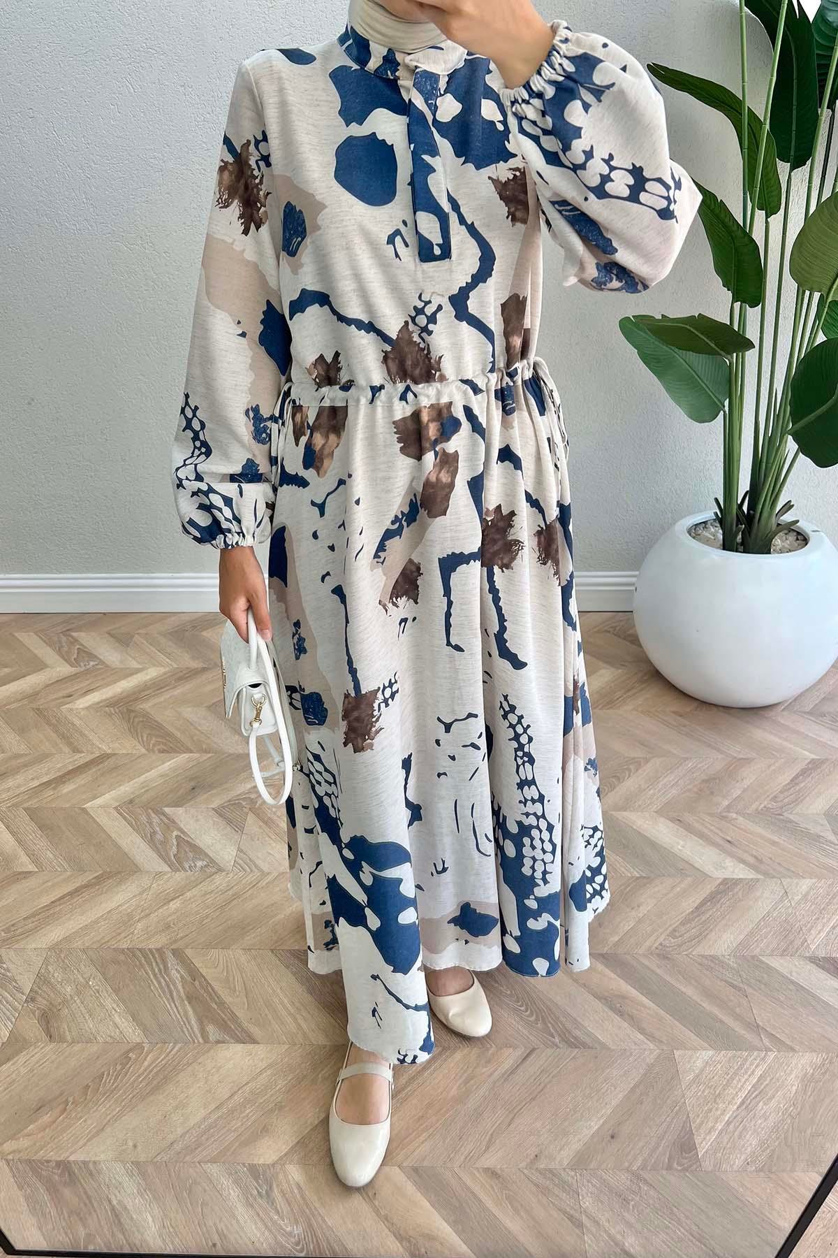 Büzgülü Desenli Keten Elbise Lacivert