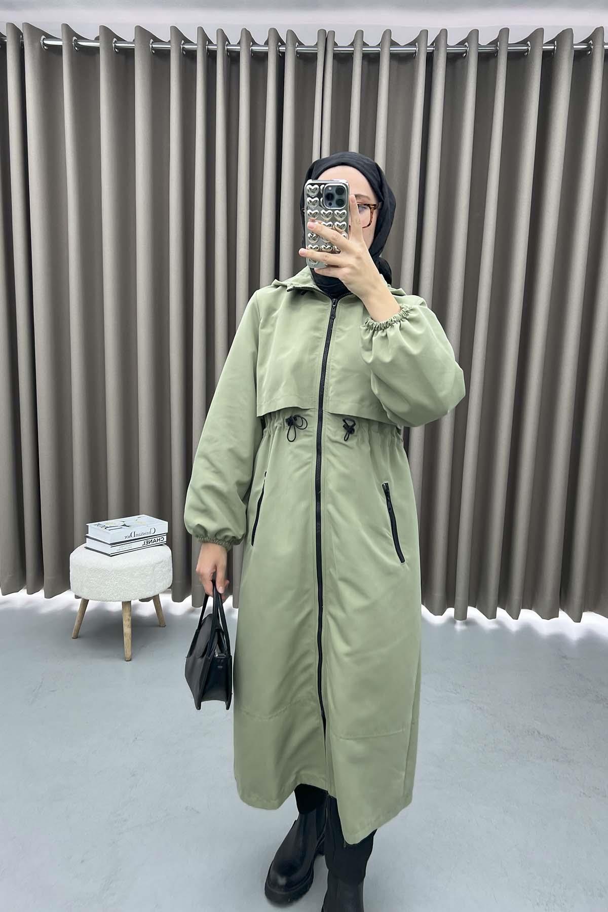 Büzgülü Kapüşonlu Trençkot Soft Yeşil