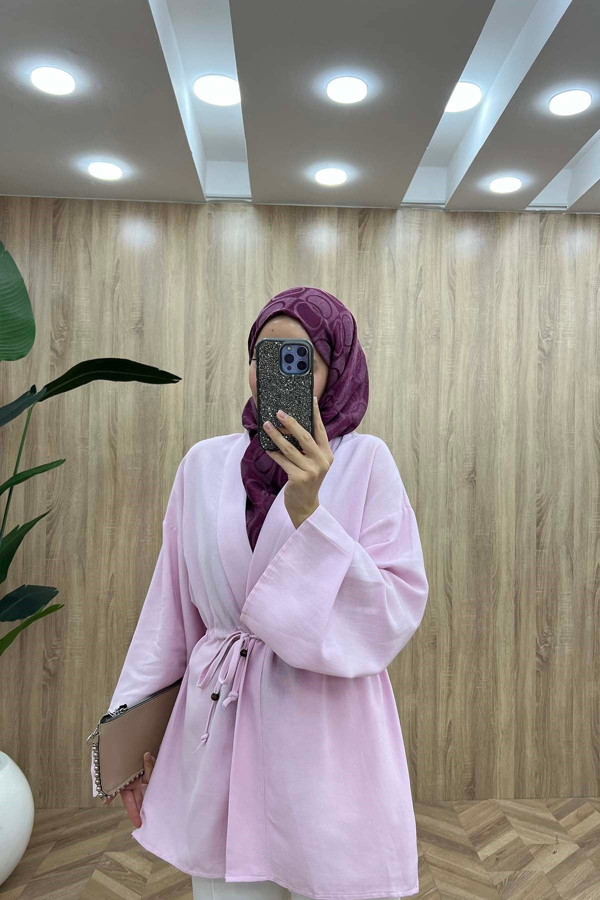 Büzgülü Milano Keten Ceket Pembe