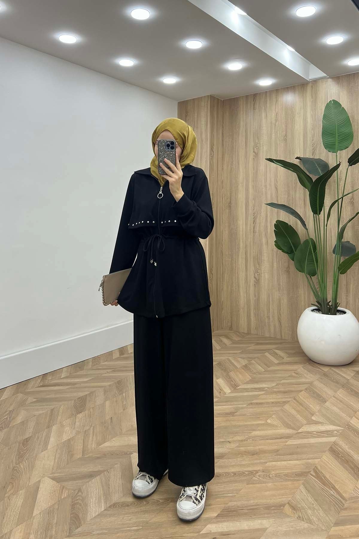 Çakım Detaylı Bel Büzgülü Günlük Takım Siyah