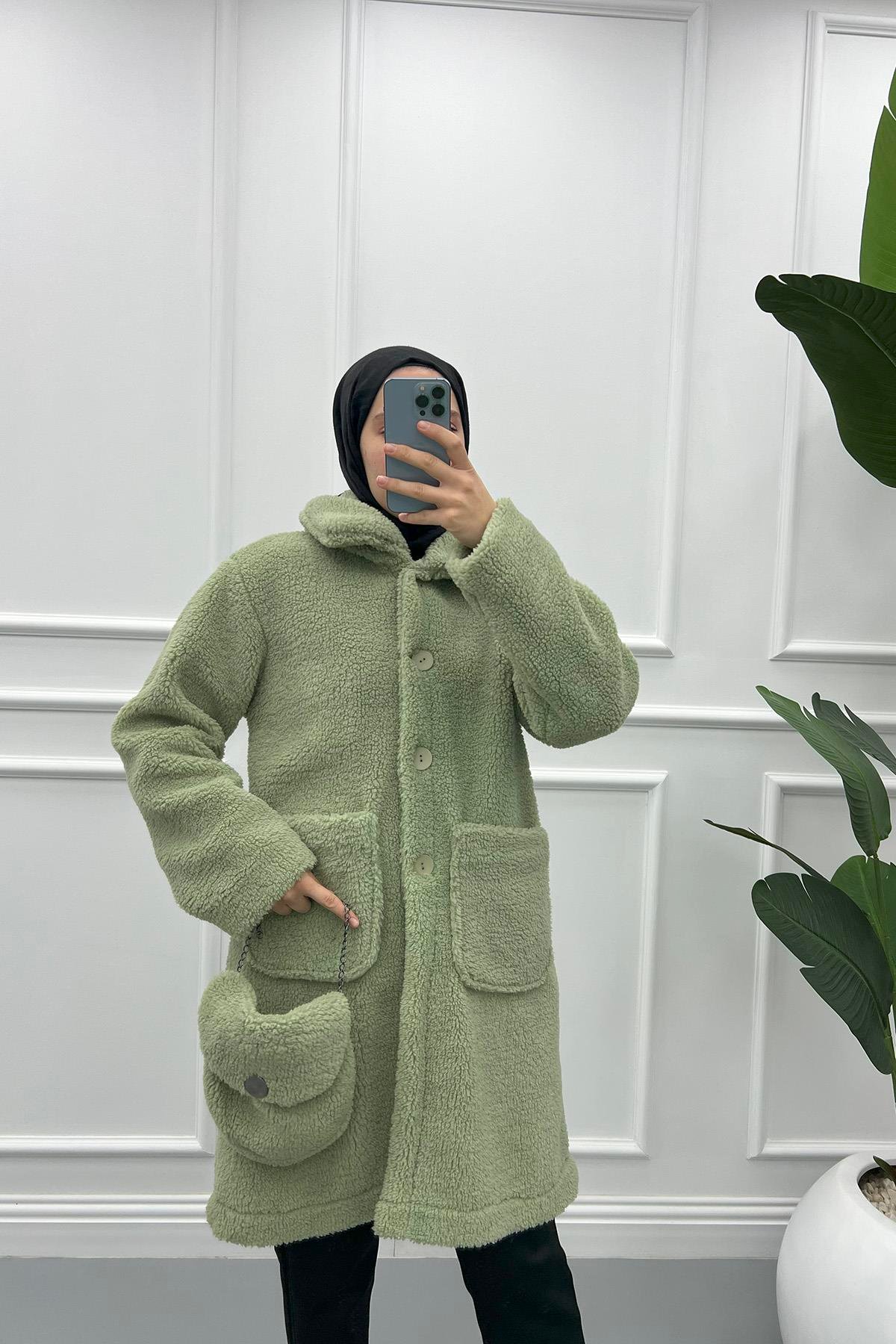 Çantalı Peluş Kaban Su Yeşili
