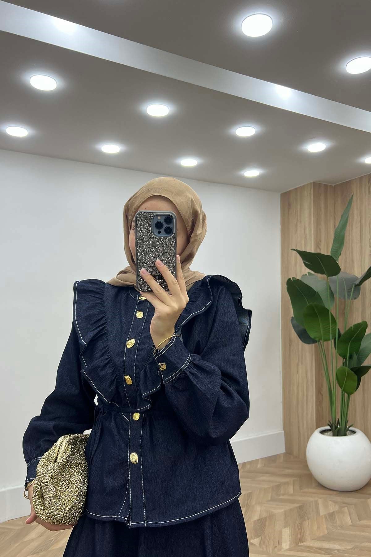 Casual Stil Fırfır Yakalı Kot Takım Lacivert