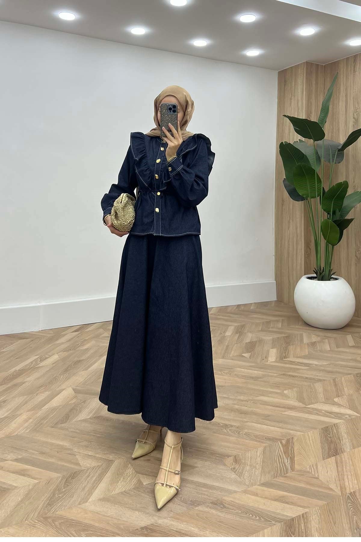 Casual Stil Fırfır Yakalı Kot Takım Lacivert