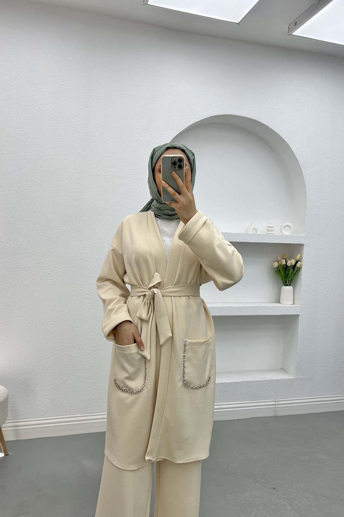 Cebi Taşlı Kimono Takım Krem