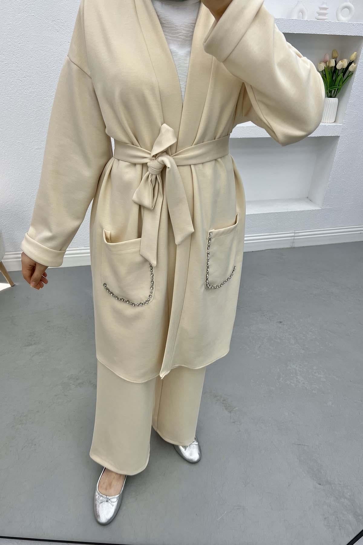 Cebi Taşlı Kimono Takım Krem
