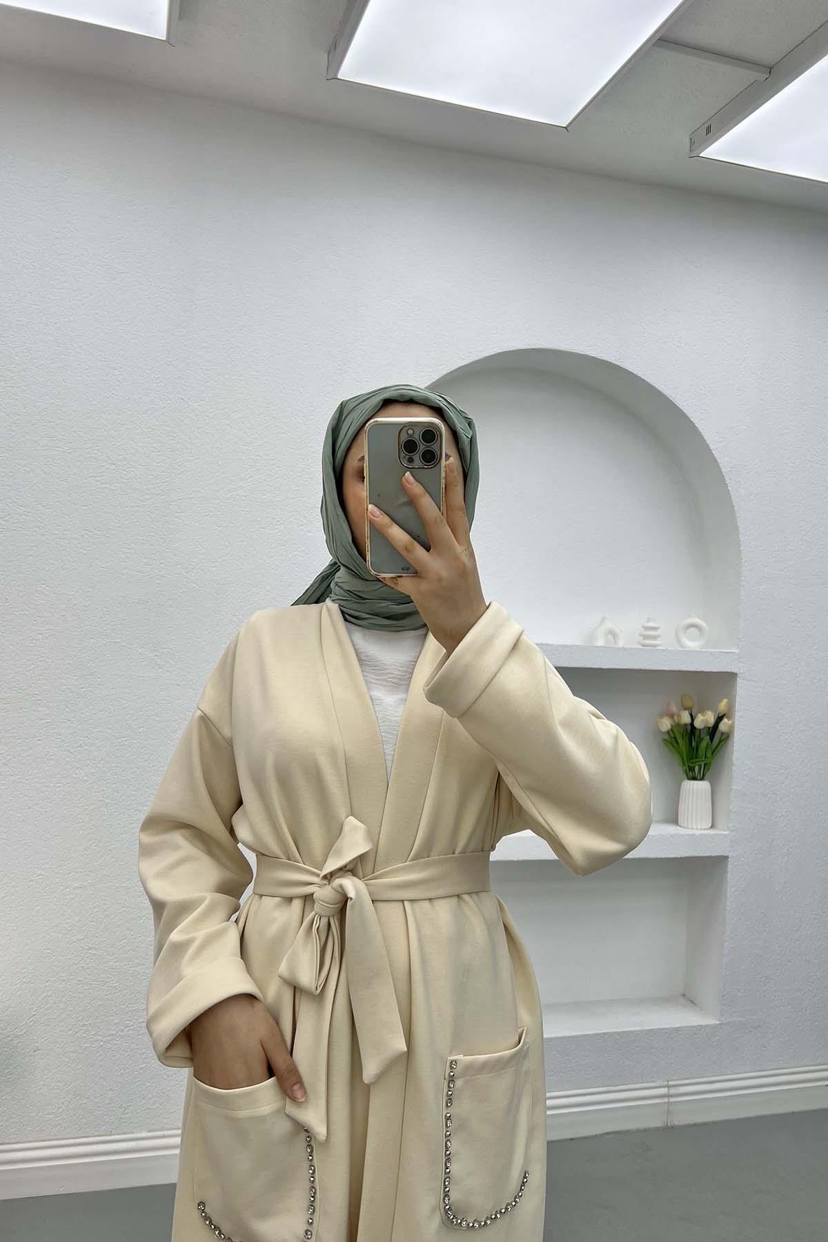 Cebi Taşlı Kimono Takım Krem