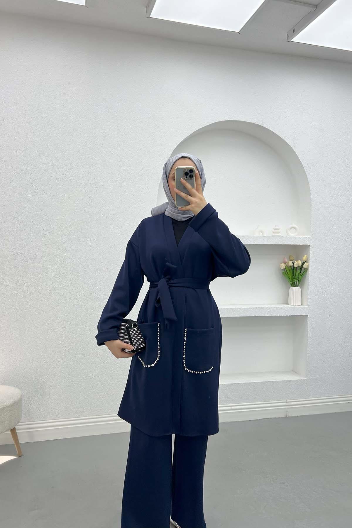 Cebi Taşlı Kimono Takım Lacivert