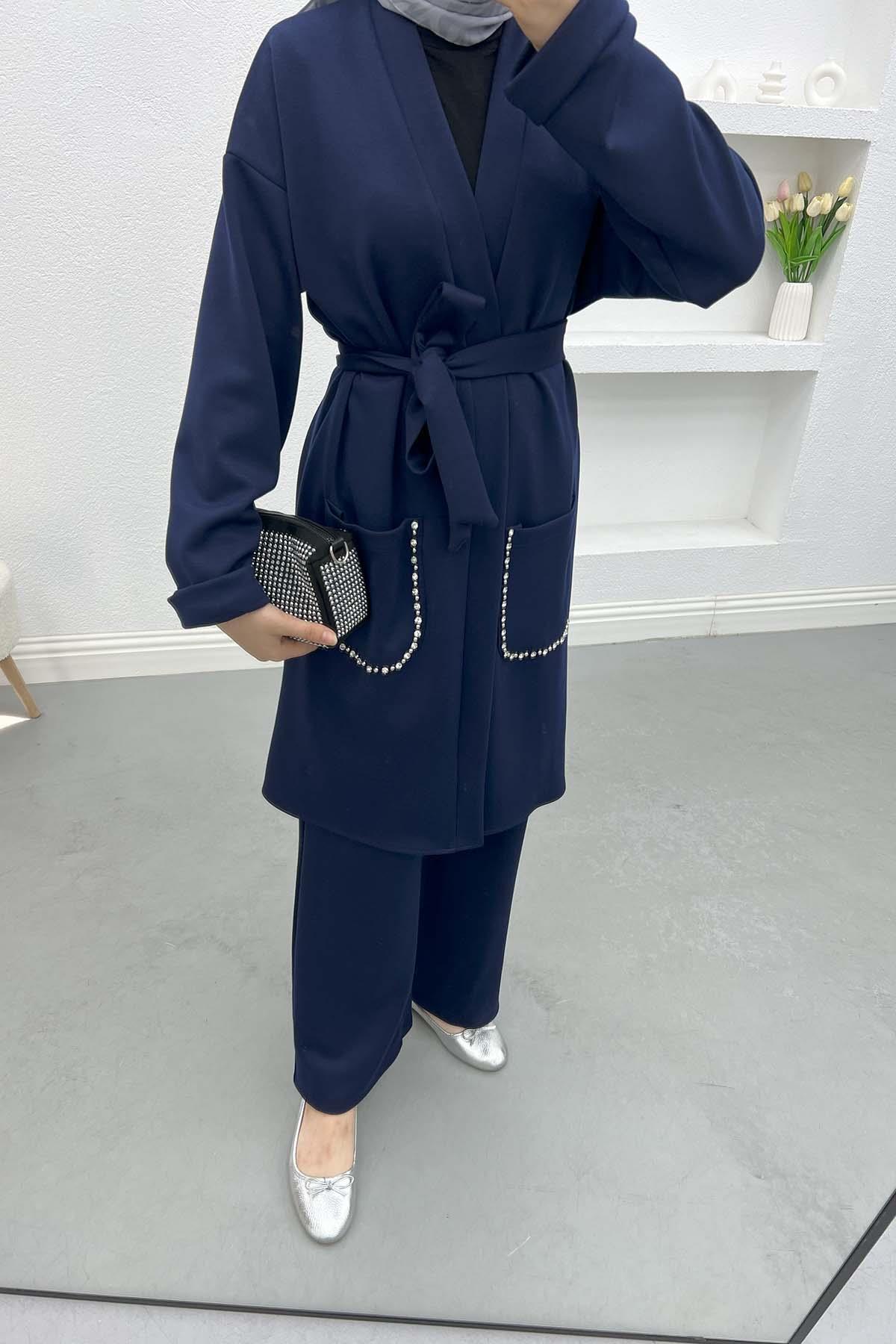 Cebi Taşlı Kimono Takım Lacivert