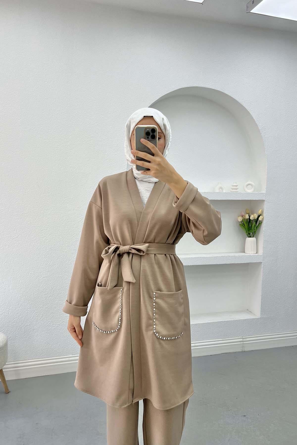 Cebi Taşlı Kimono Takım Sütlü Kahve