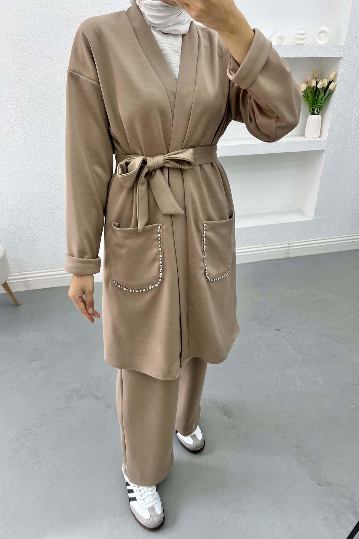 Cebi Taşlı Kimono Takım Sütlü Kahve