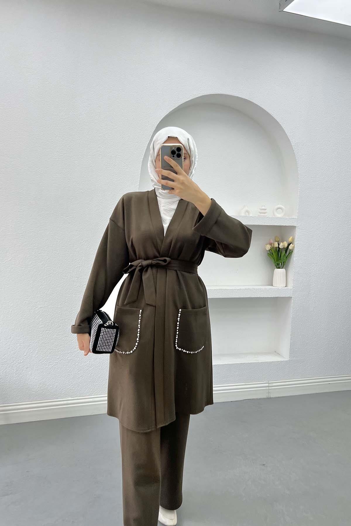 Cebi Taşlı Kimono Takım Vizon