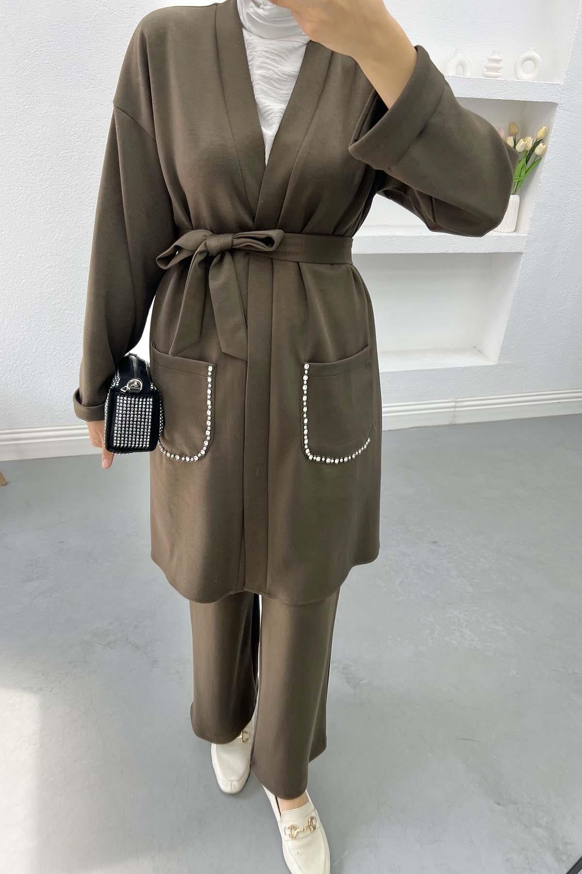 Cebi Taşlı Kimono Takım Vizon