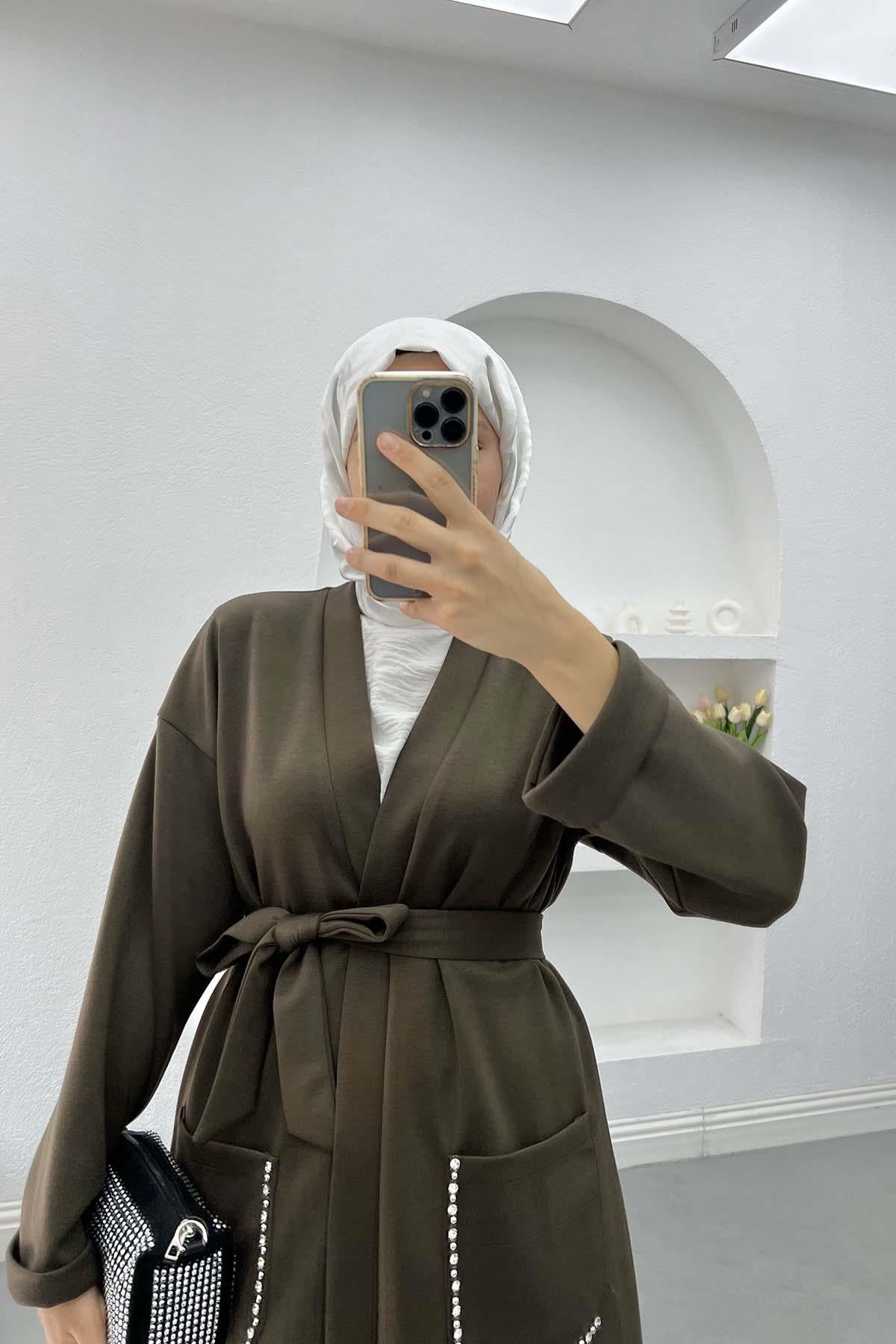 Cebi Taşlı Kimono Takım Vizon
