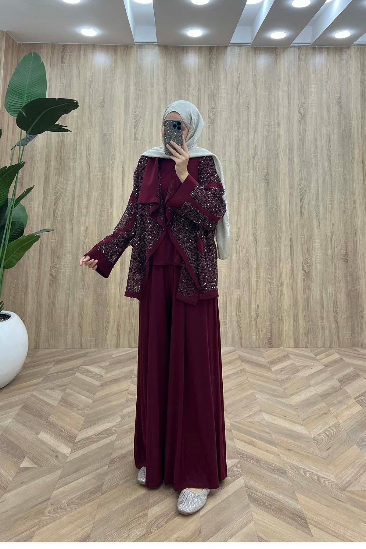 Ceketi Pullu Üçlü Oysho Takım Bordo
