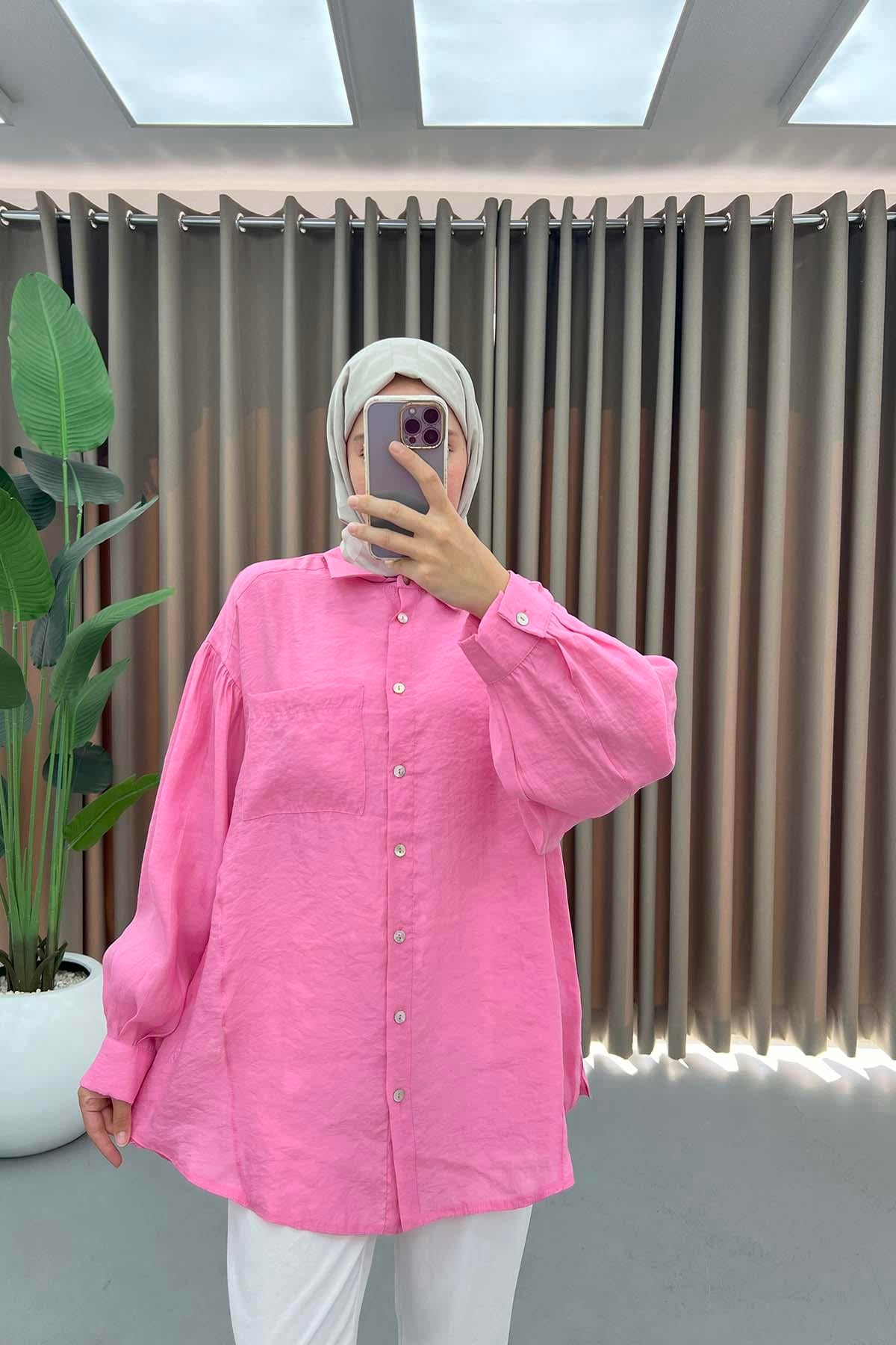 Cep Detaylı Gömlek Pembe