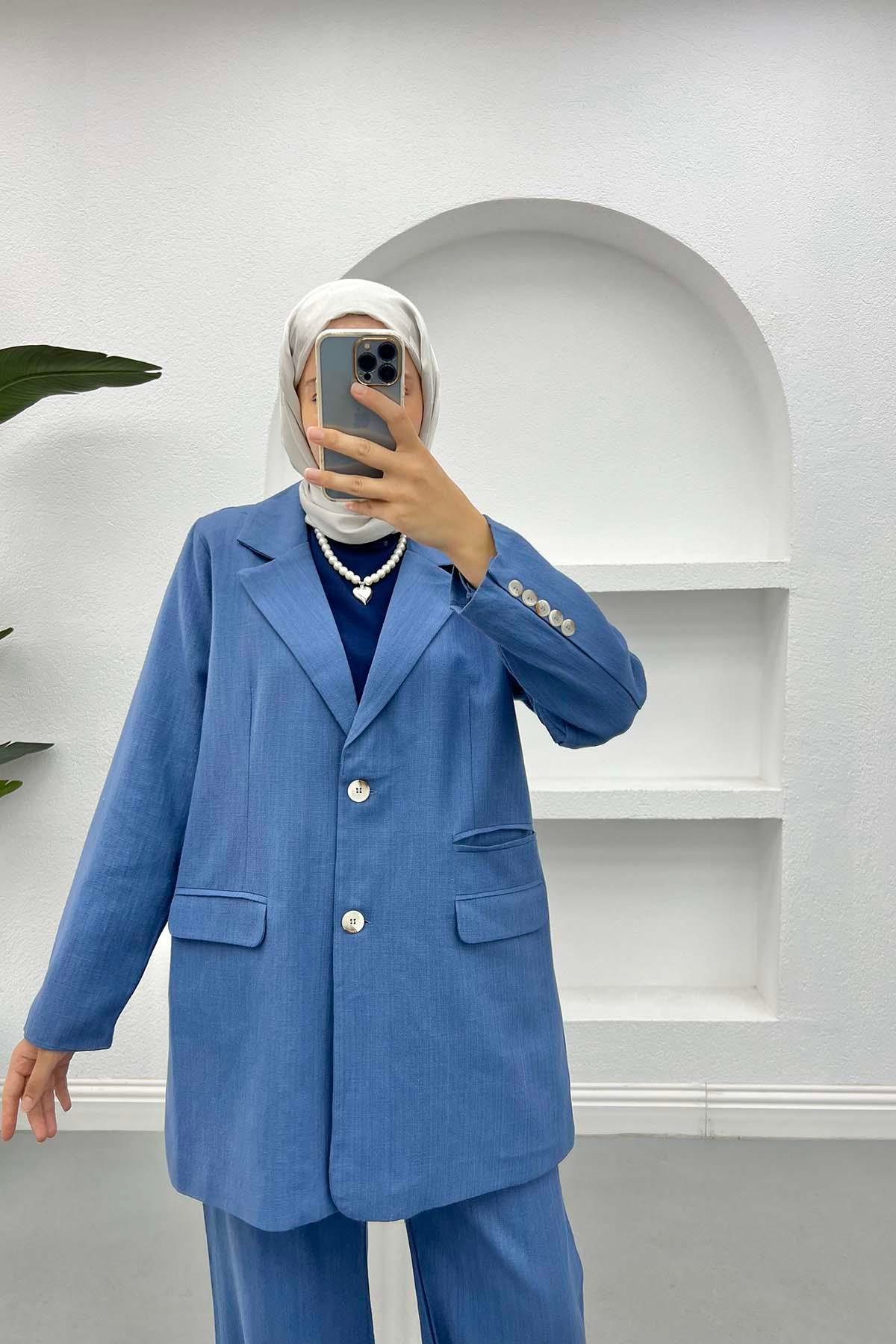 Cep Detaylı Keten Blazer Ceket İndigo