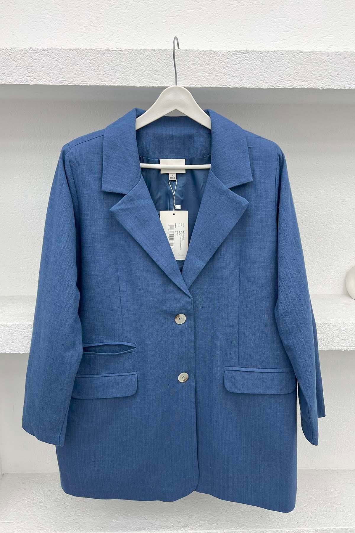 Cep Detaylı Keten Blazer Ceket İndigo