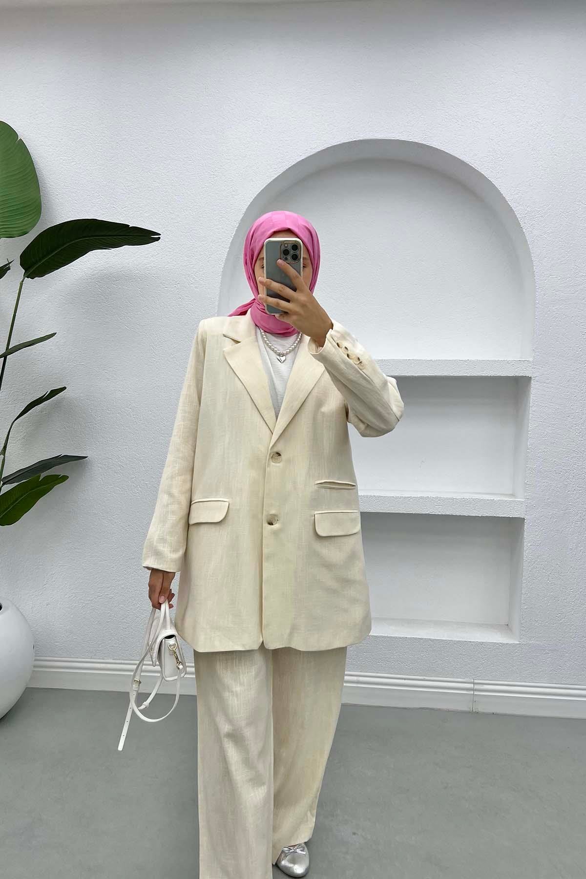 Cep Detaylı Keten Blazer Ceket Krem