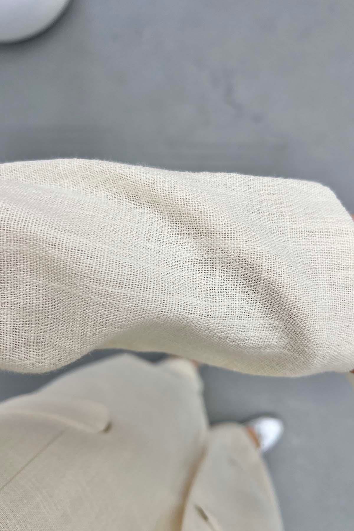 Cep Detaylı Keten Blazer Ceket Krem