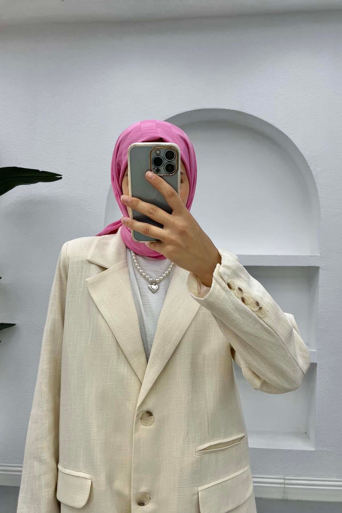 Cep Detaylı Keten Blazer Ceket Krem