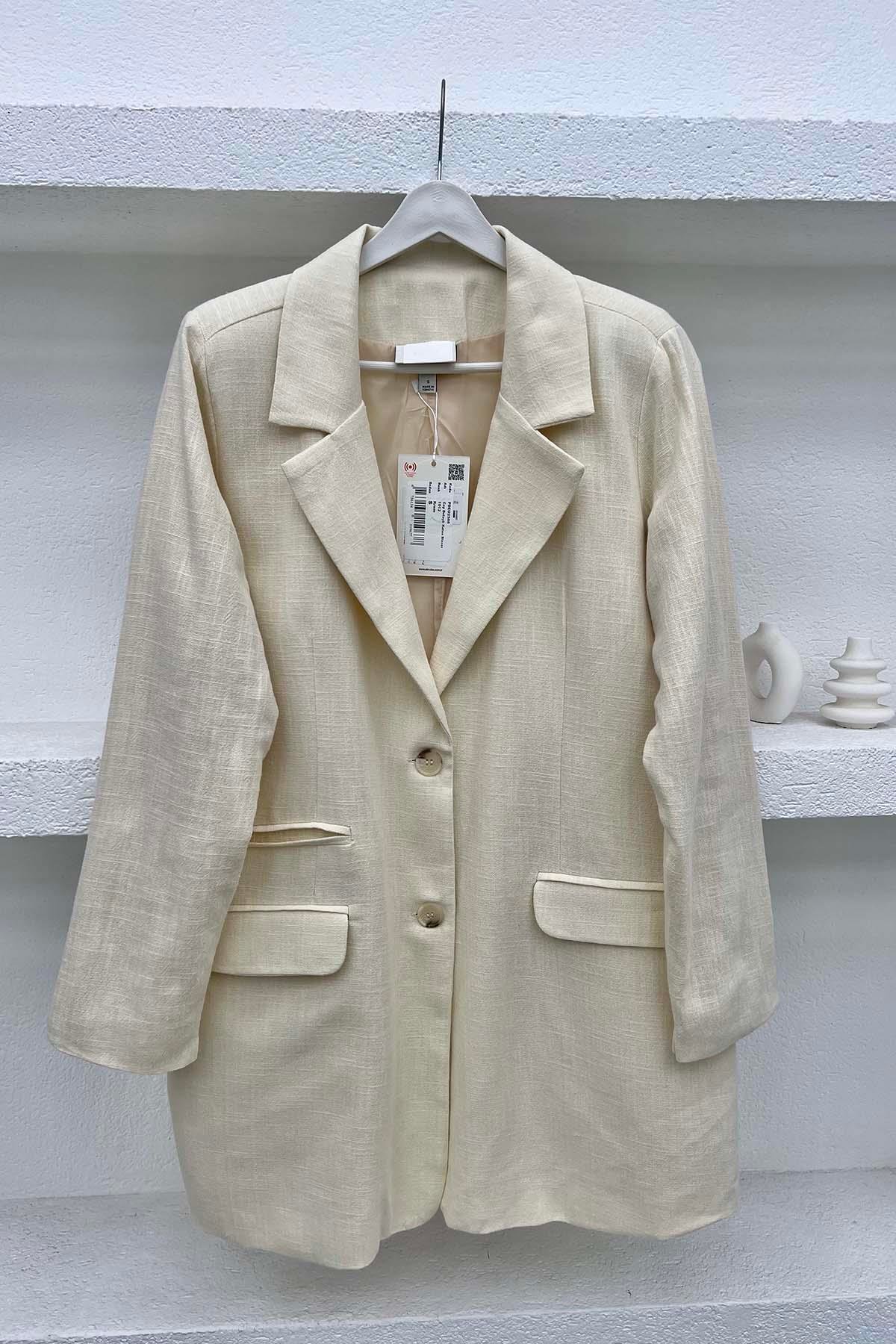 Cep Detaylı Keten Blazer Ceket Krem