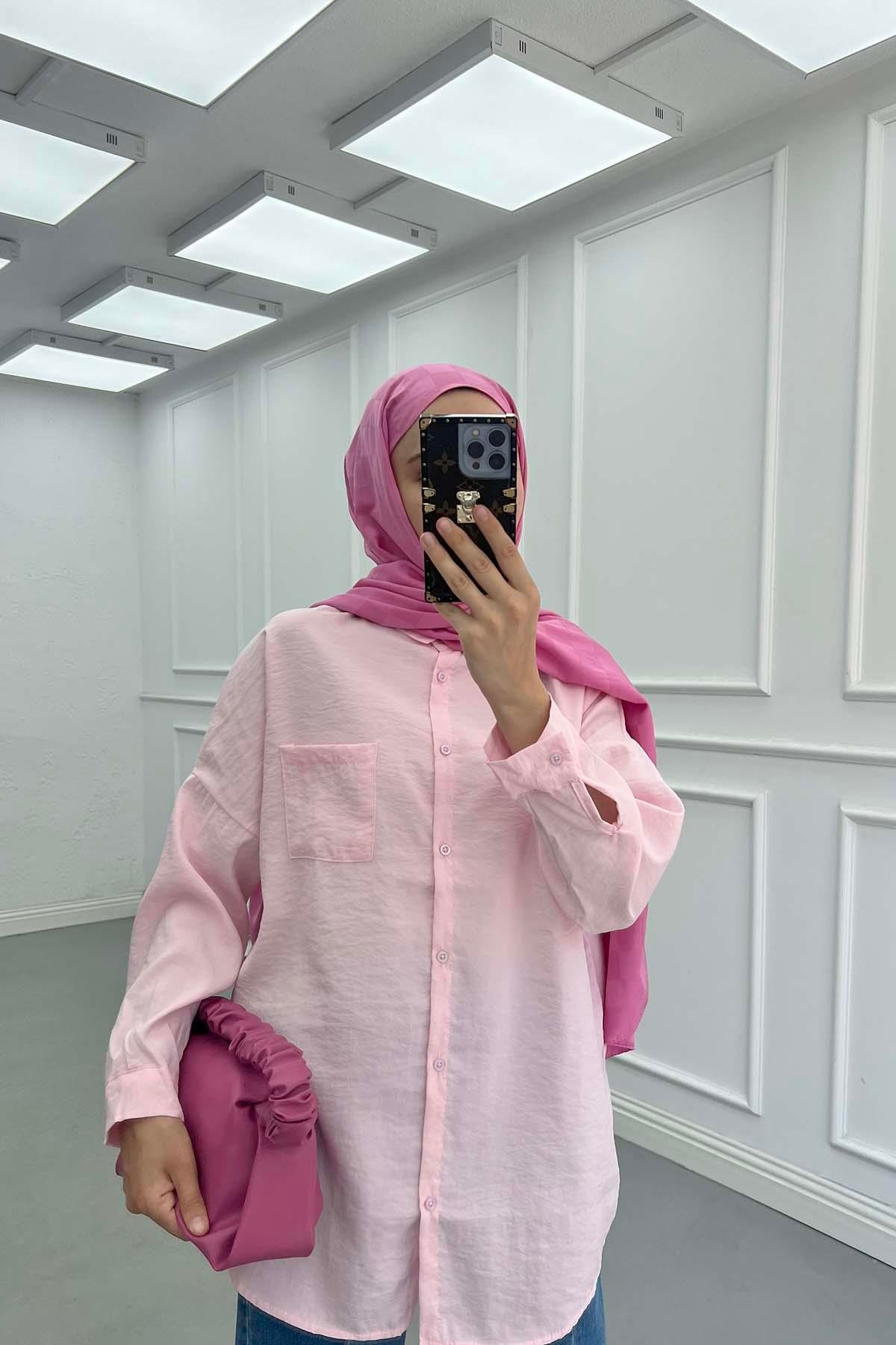 Cep Detaylı Tensel Gömlek Pembe
