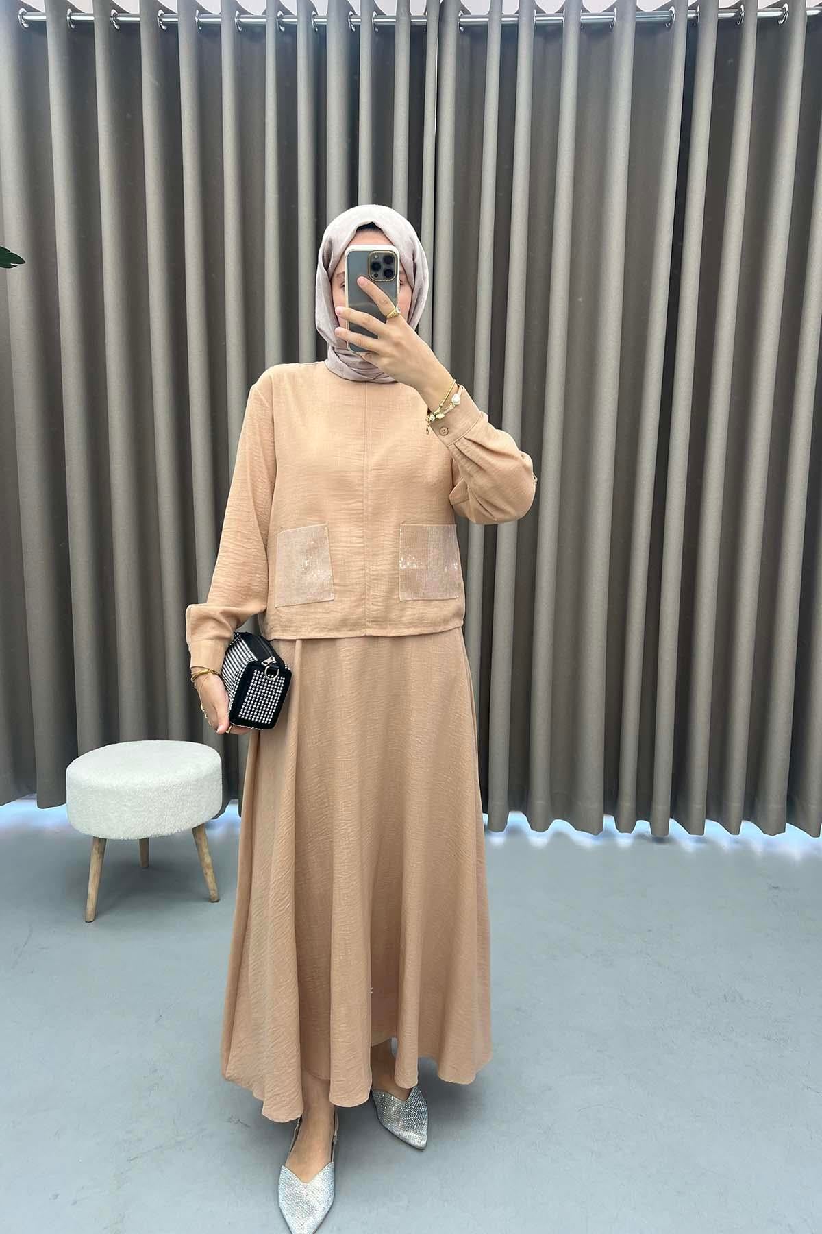 Cep Pullu Etek Takım Camel