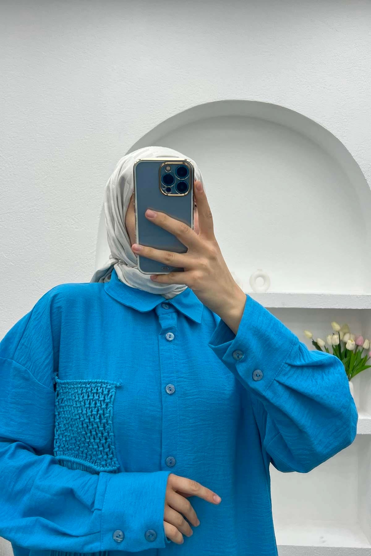 Cep Püsküllü Gömlek Mavi