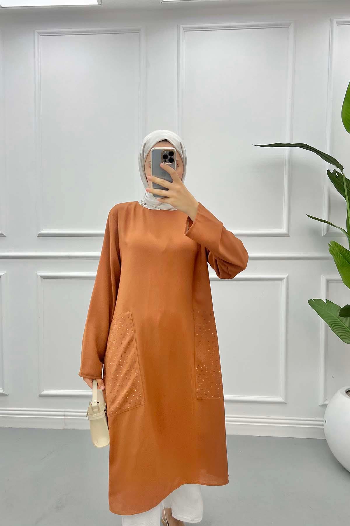 Cep Taşlı Tunik Kahve