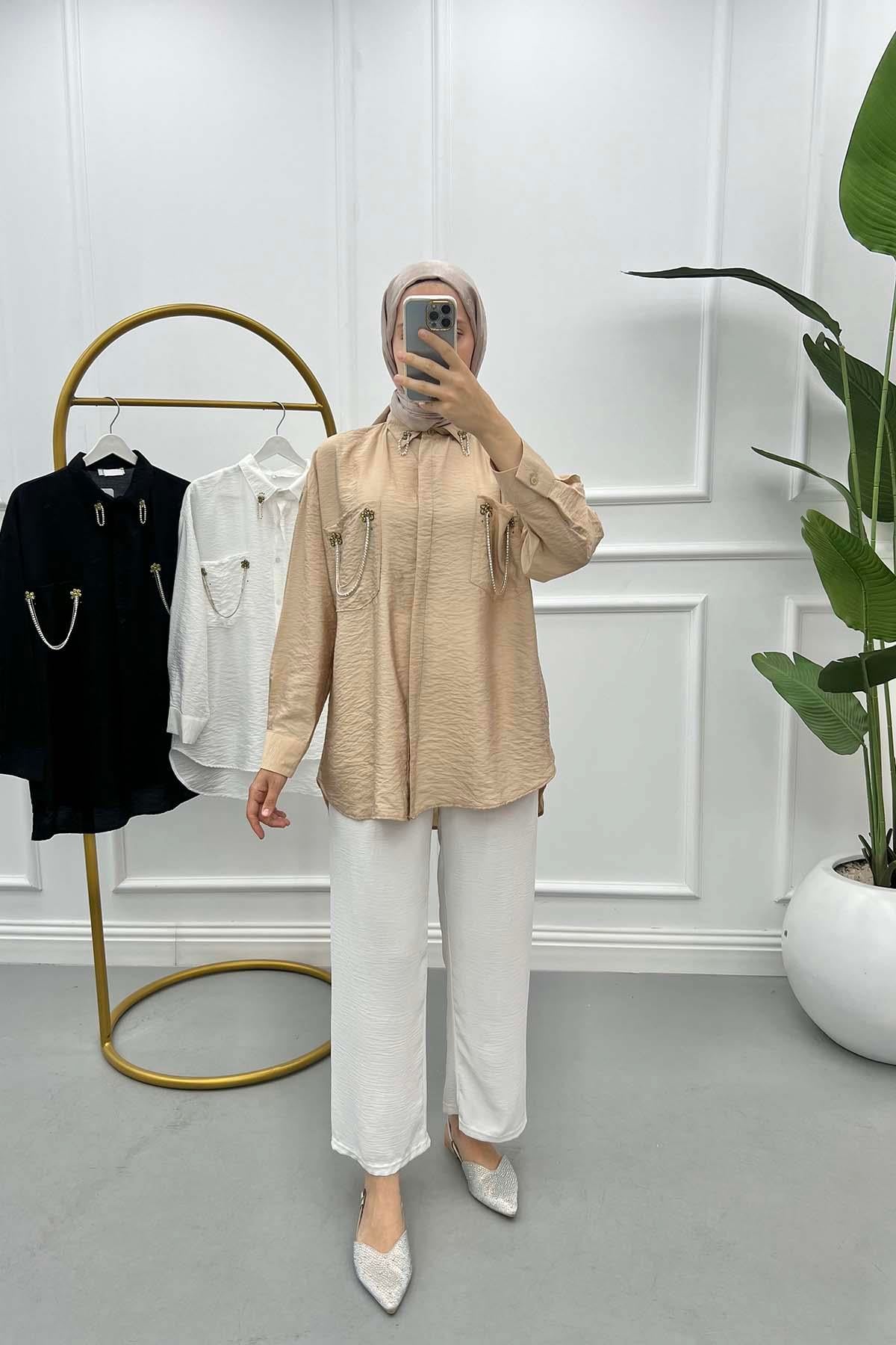 Cep Ve Yaka Taşlı Gömlek Camel