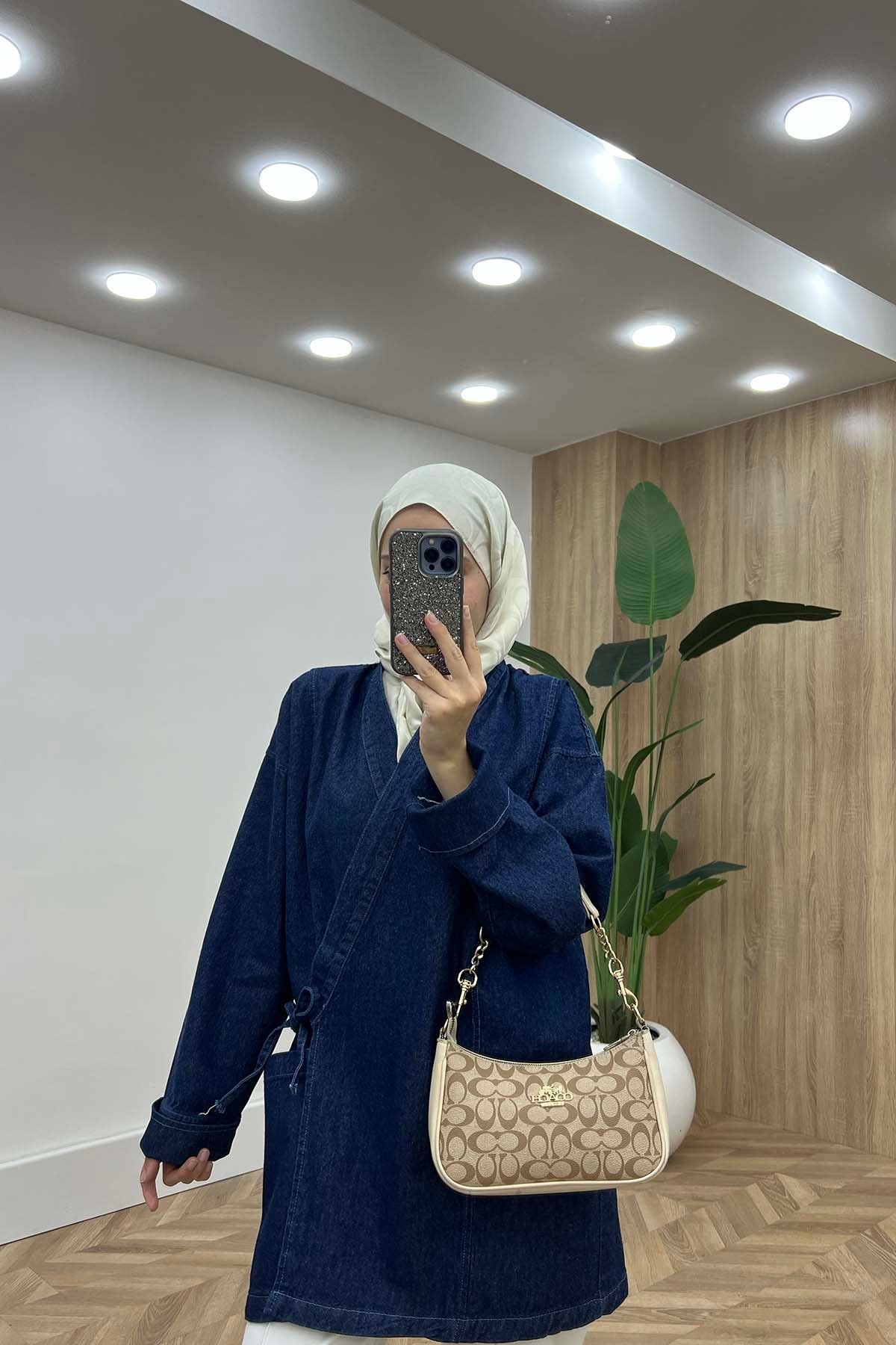 Cepli Bağlamalı Kot Kimono Ceket Mavi