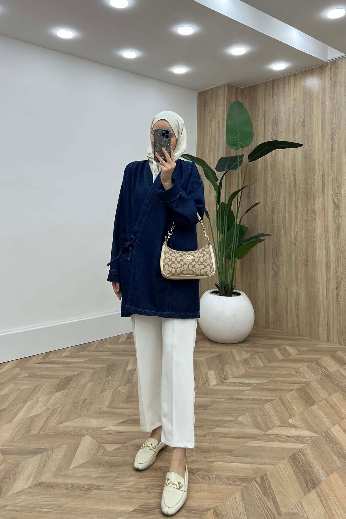 Cepli Bağlamalı Kot Kimono Ceket Mavi