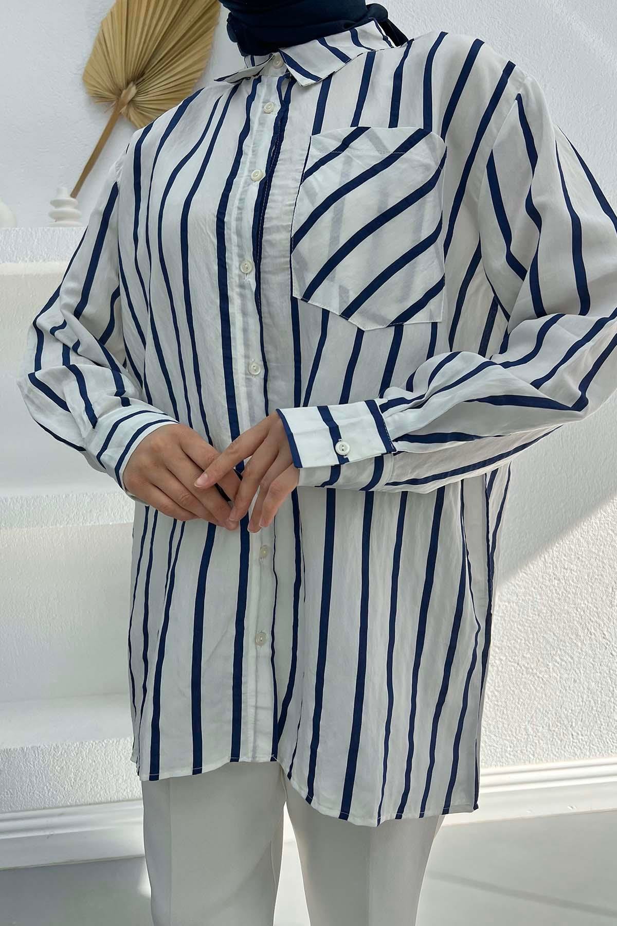 Cepli Çizgili Gömlek Beyaz