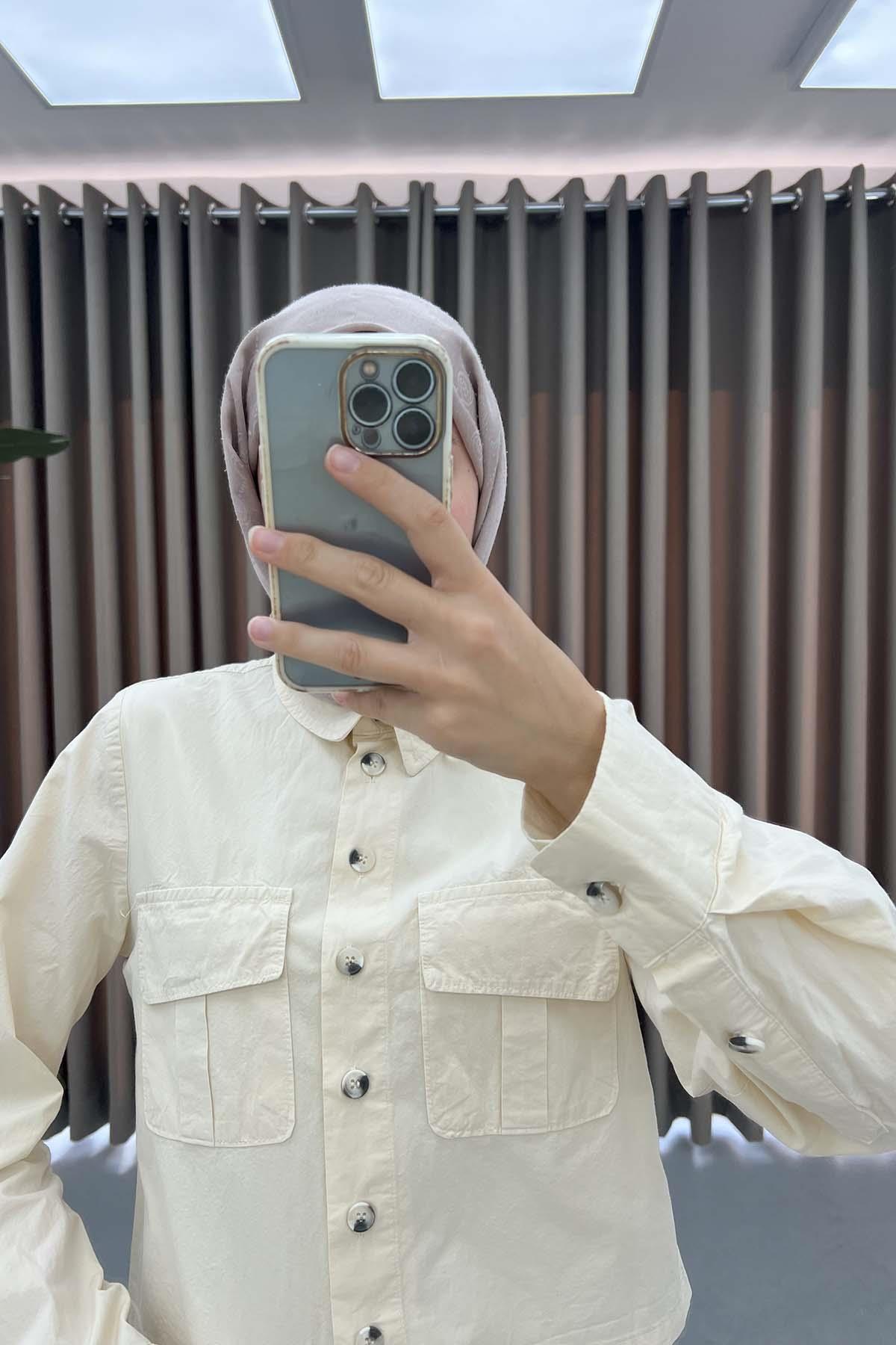 Cepli Crop Gömlek Bej