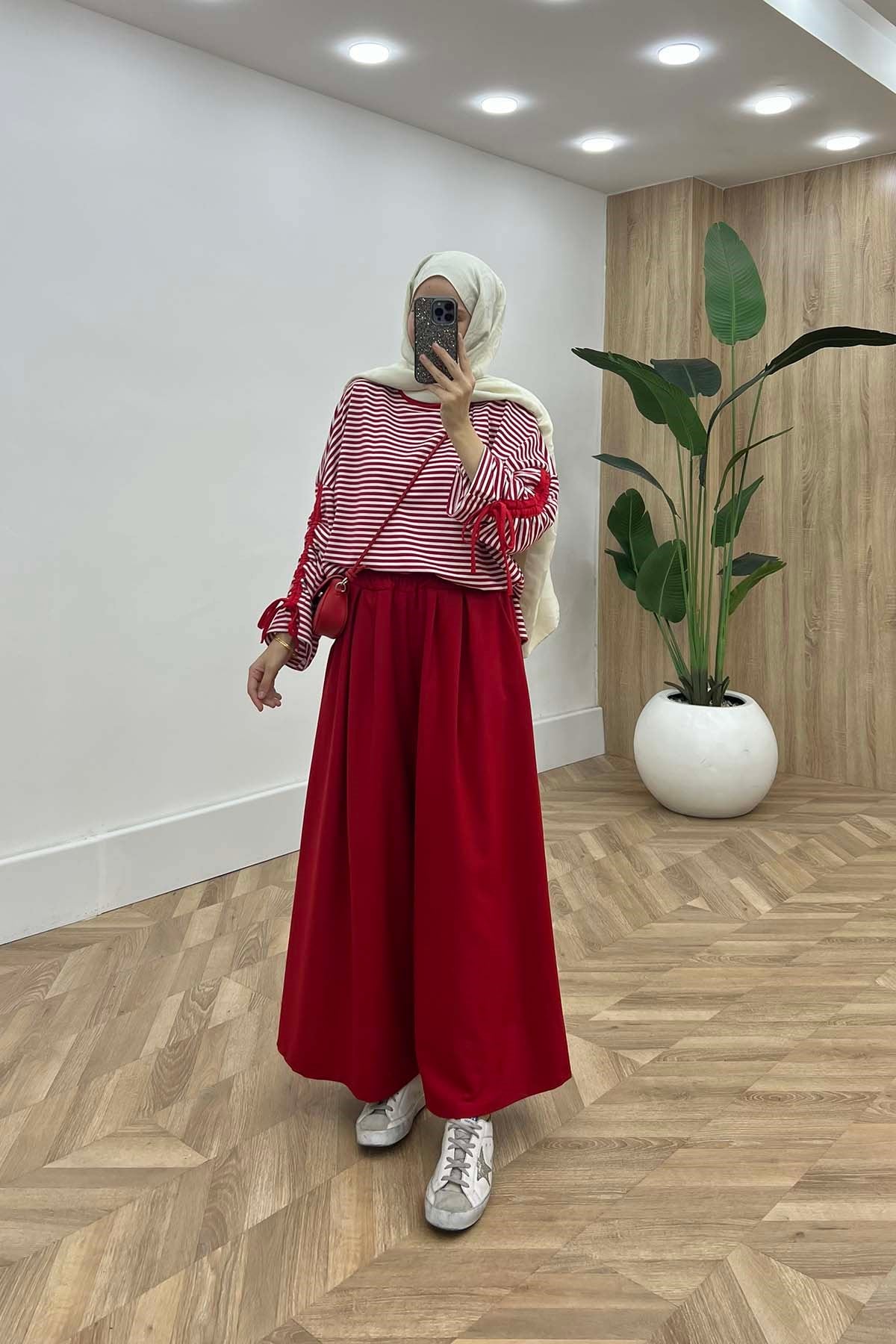 Cepli İnce Kaşe Eşofman Pantalon Kırmızı
