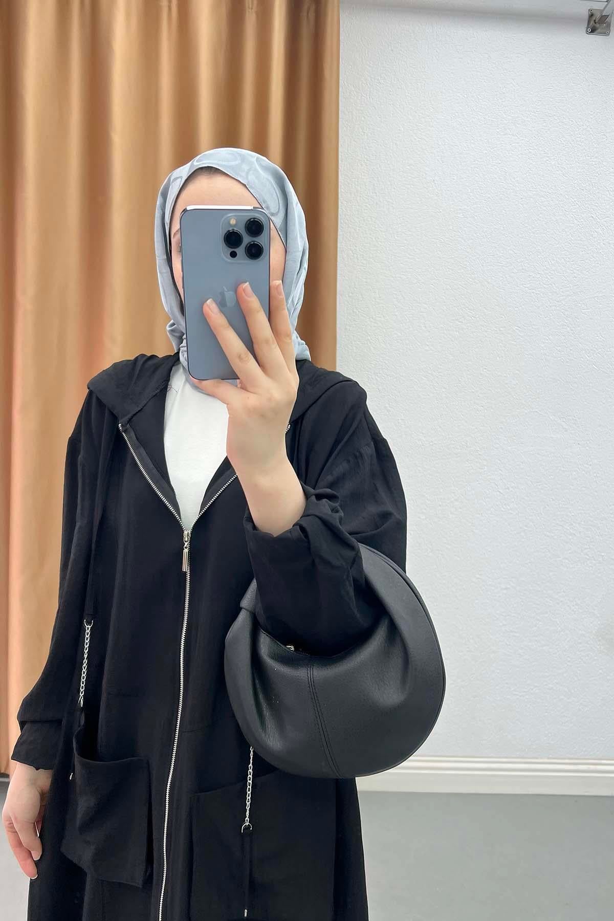 Cepli Kapüşonlu Fermuarlı Tunik Siyah
