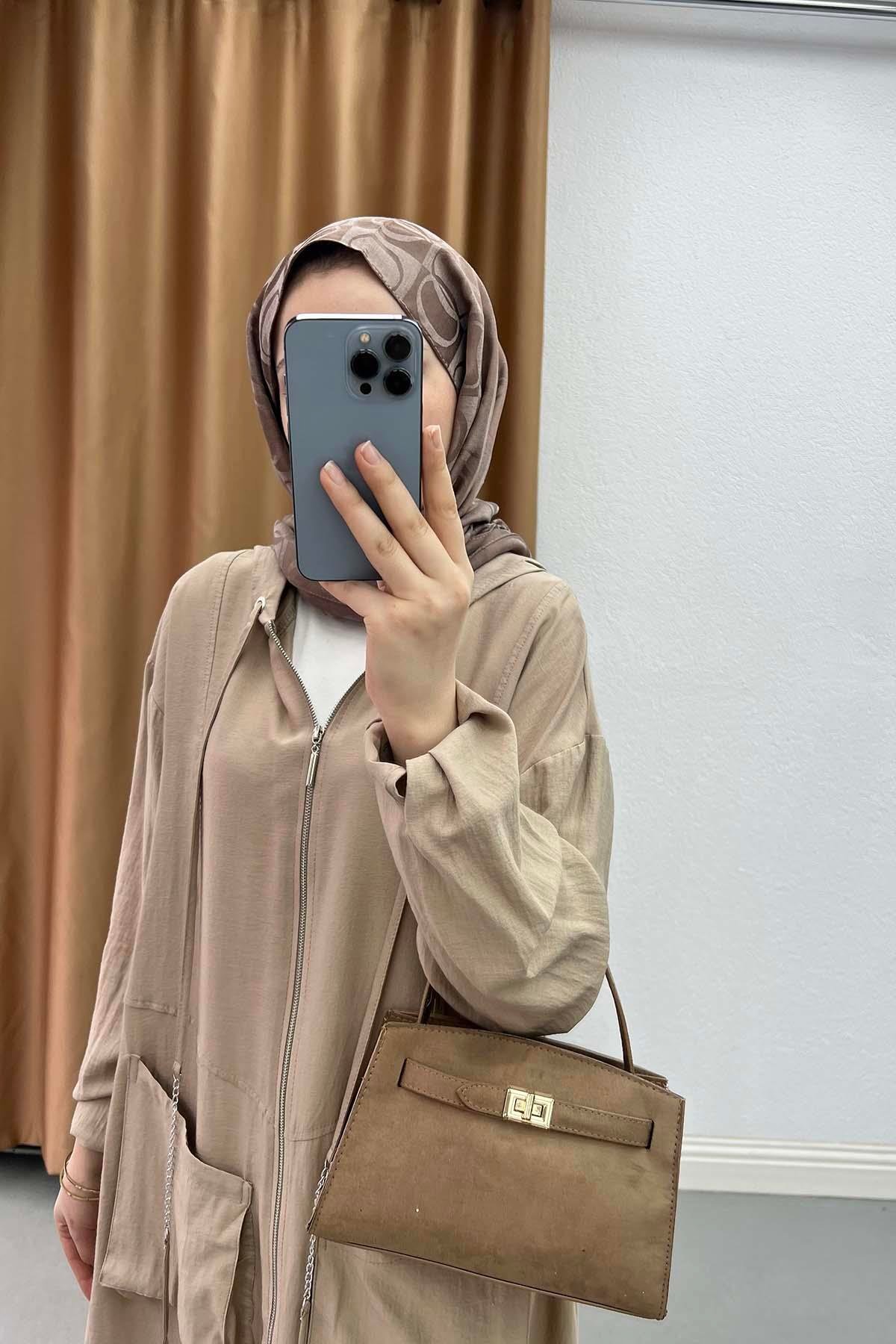 Cepli Kapüşonlu Fermuarlı Tunik Taş