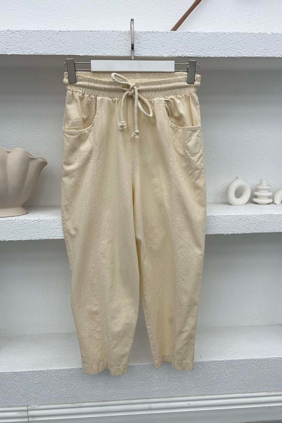 Cepli Keten Pantolon Taş