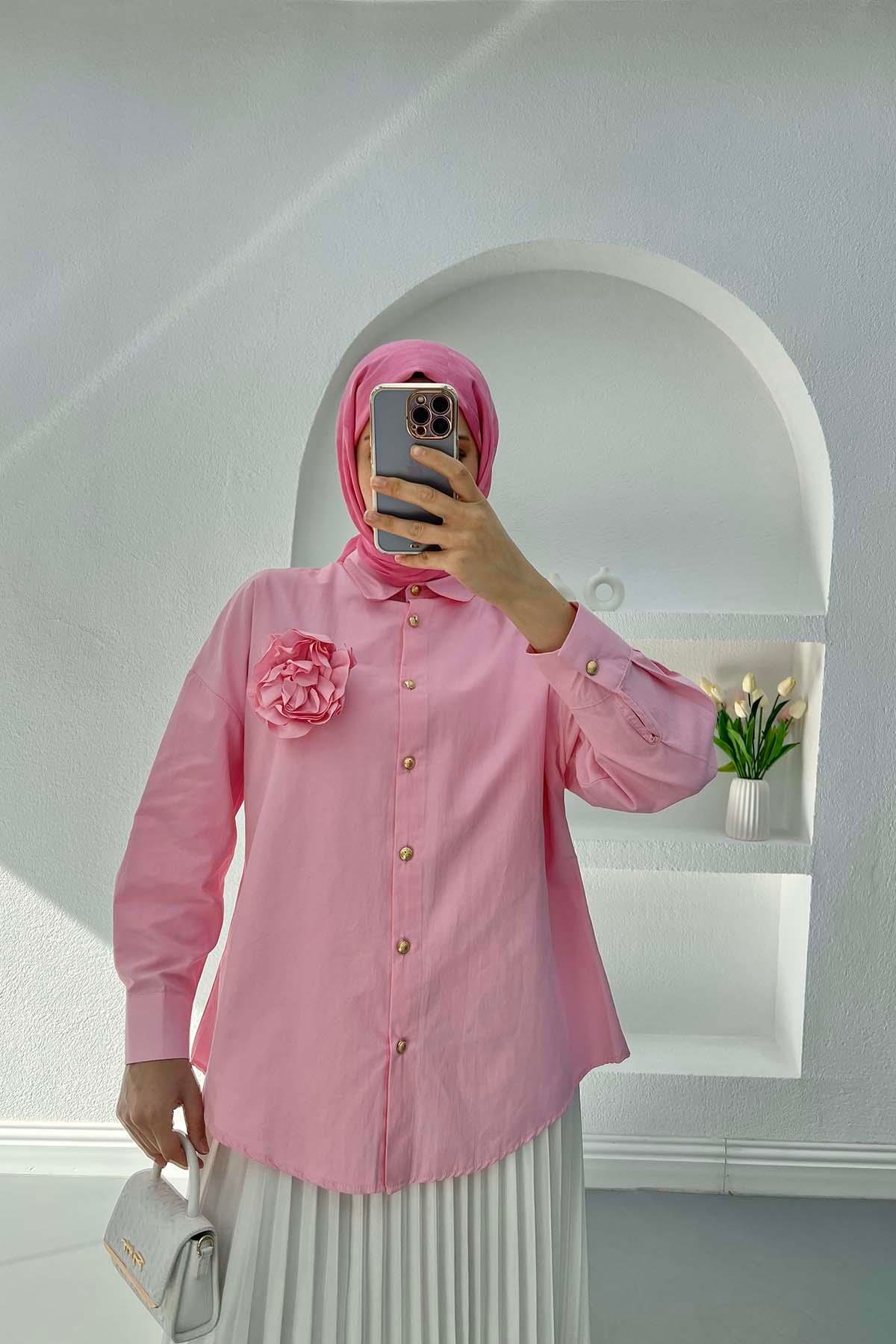 Çiçek Broşlu Gömlek Pembe