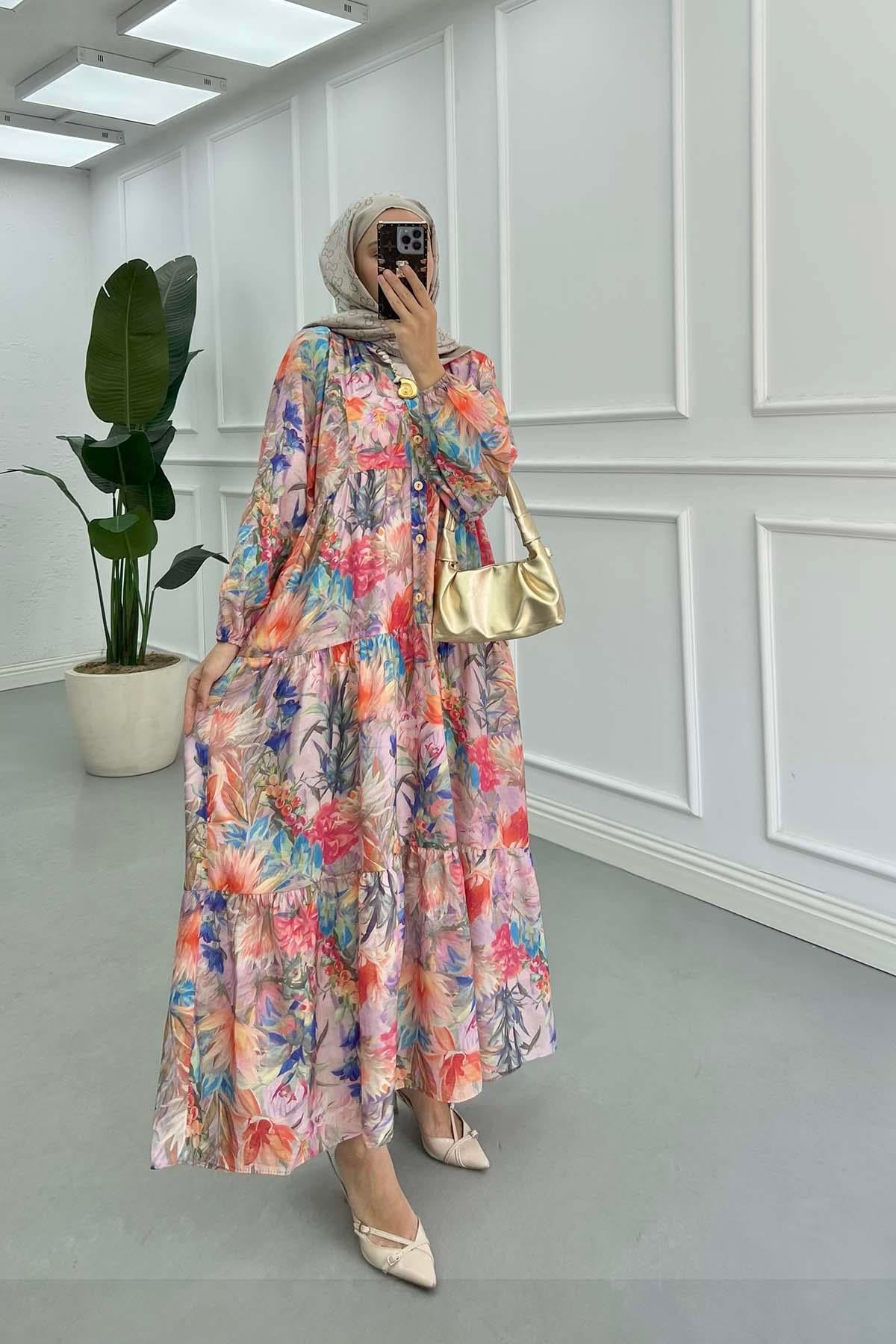 Çiçek Desen Mango Elbise Lila