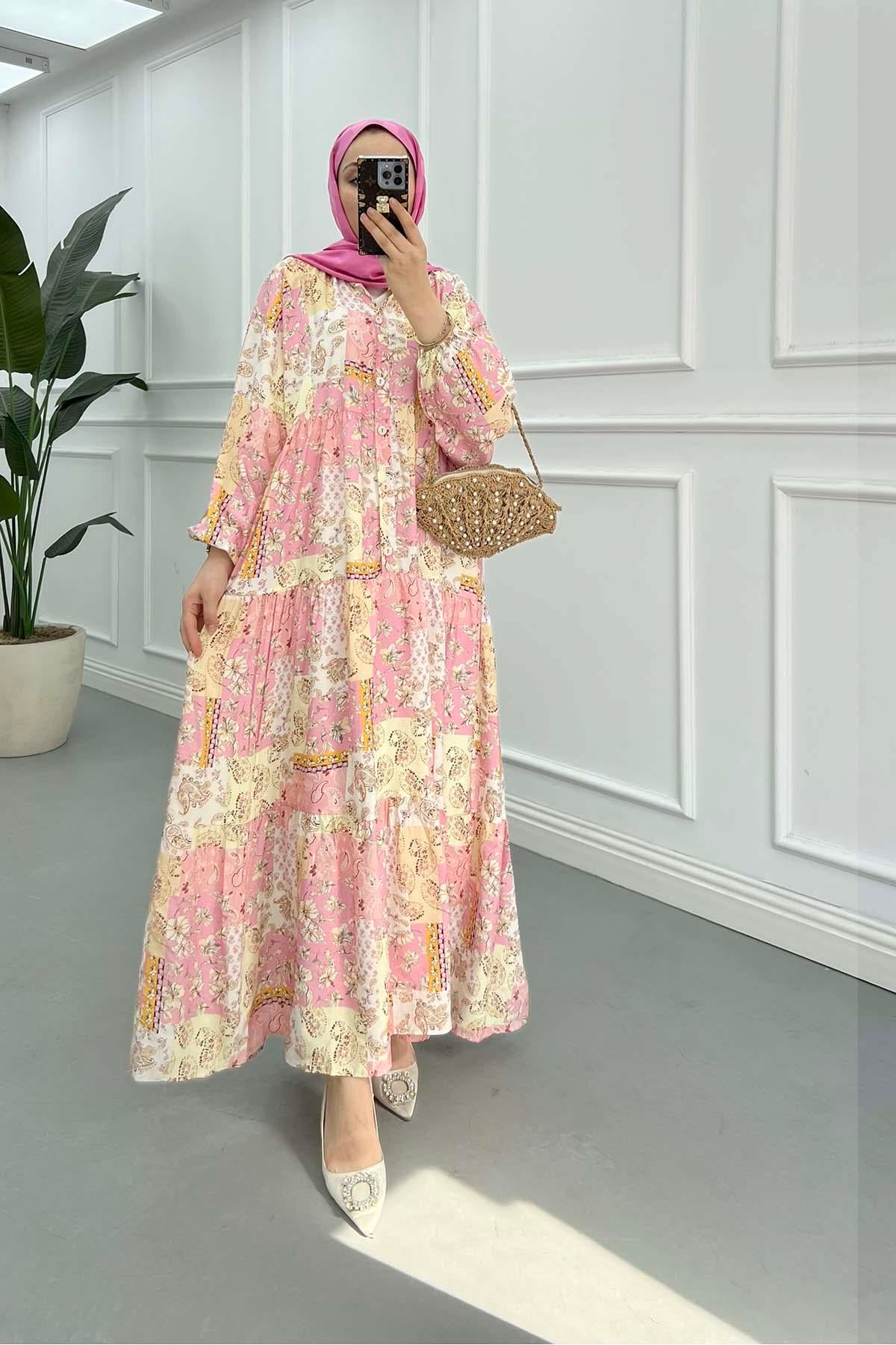 Çiçek Desen Mango Elbise Pembe