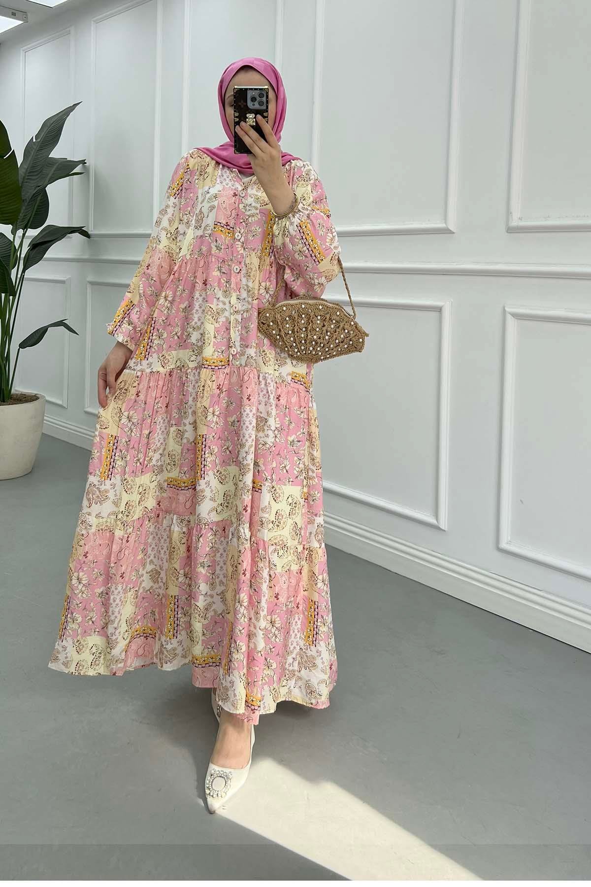 Çiçek Desen Mango Elbise Pembe