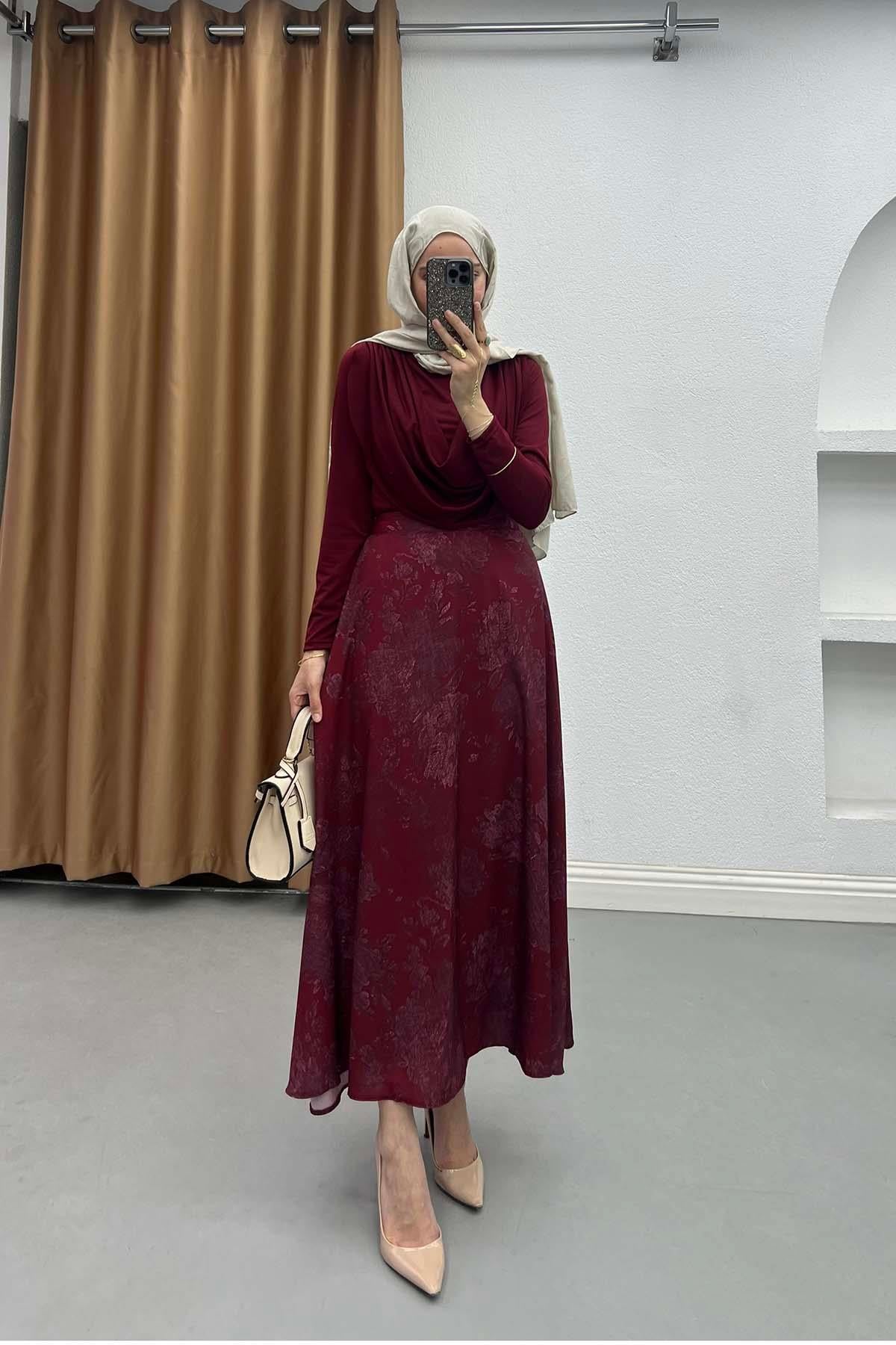 Çiçek Desenli Aura Şifon Etek Bordo