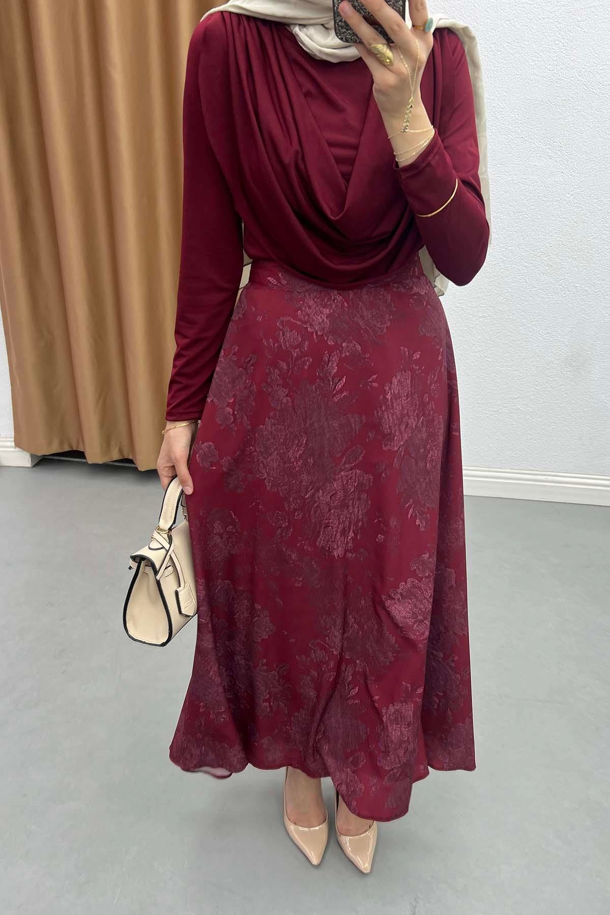 Çiçek Desenli Aura Şifon Etek Bordo